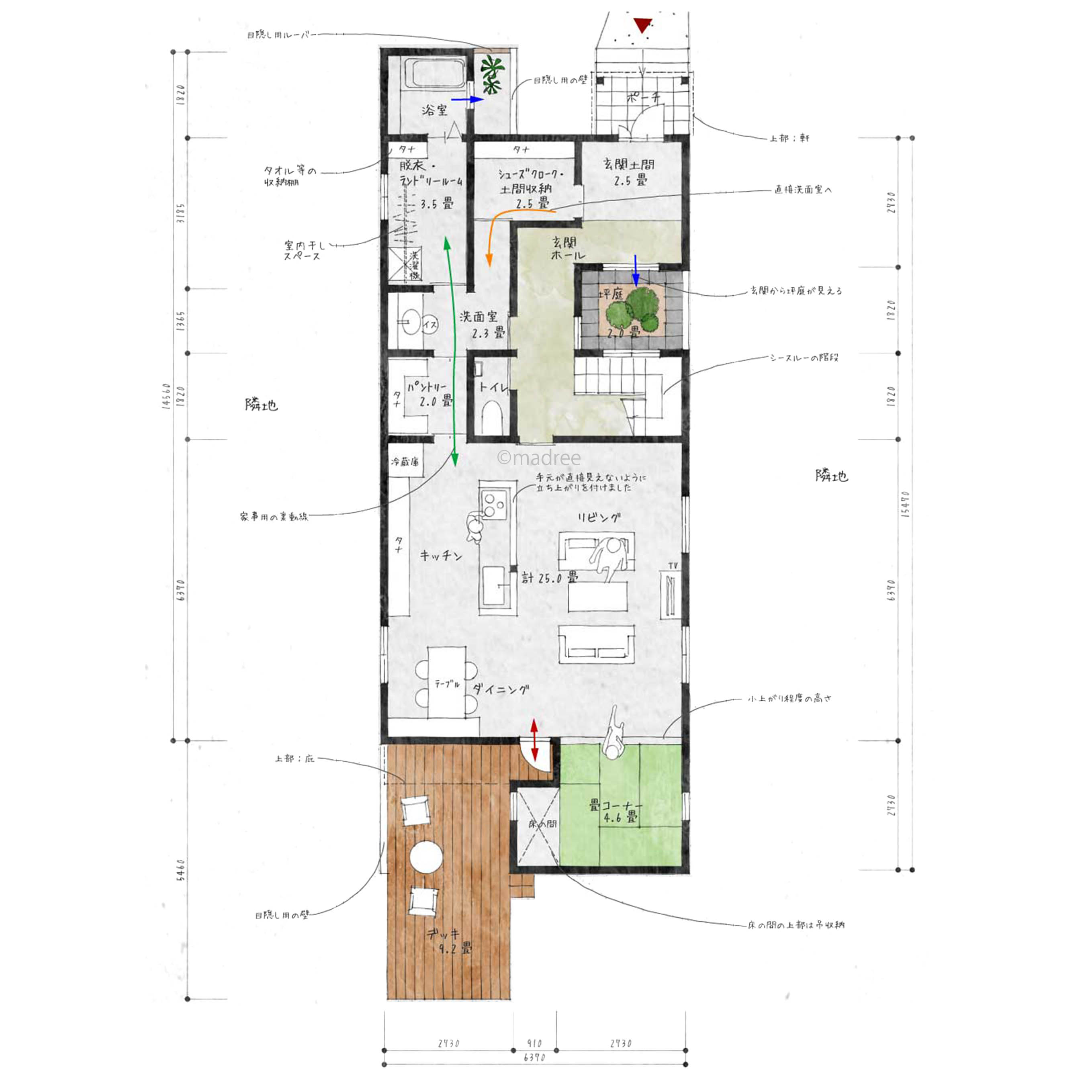 縦長地に光と緑を取り込む、家のから空を望むプライベートな中庭のある家