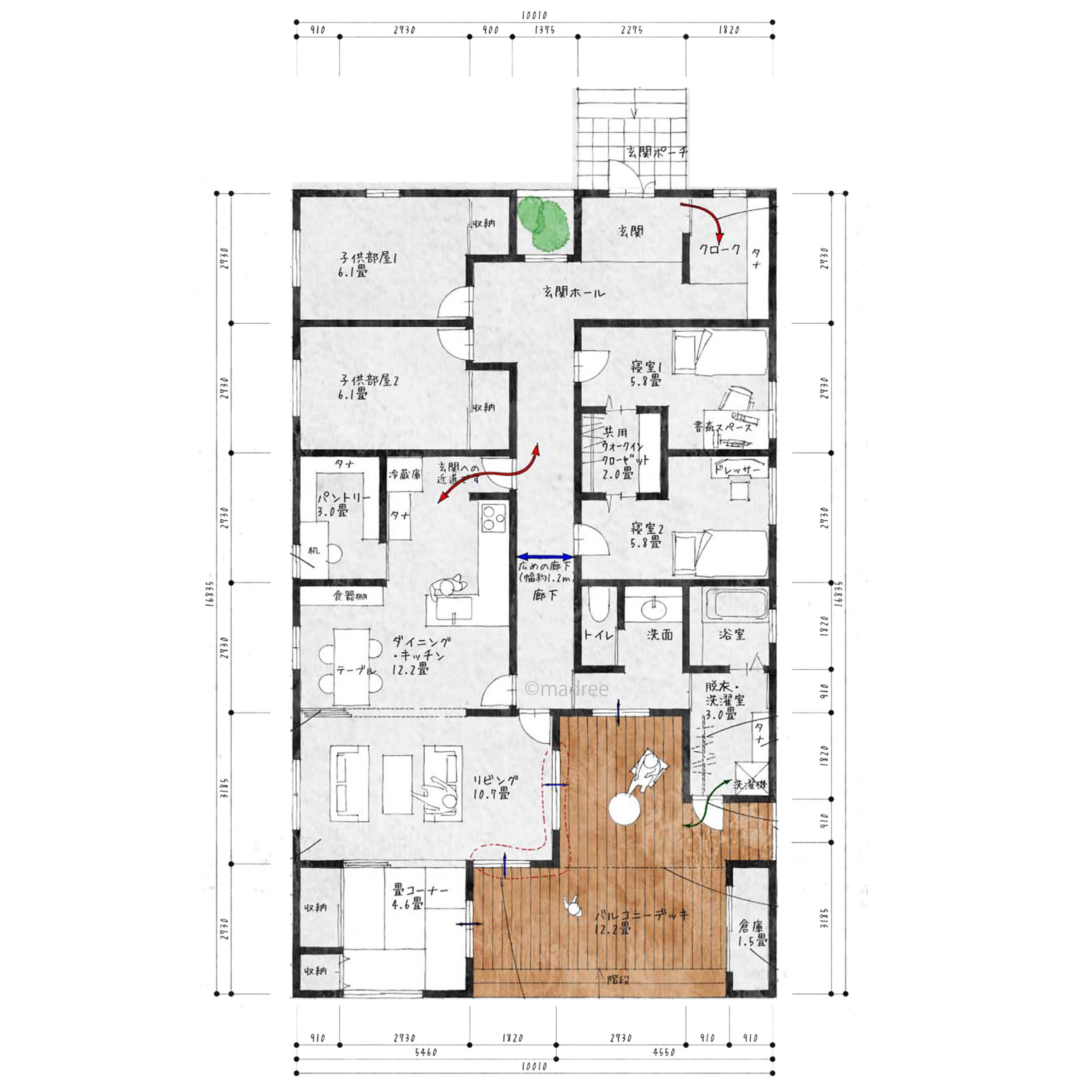 LDKと奥行きあるデッキの一体感、家族それぞれにパーソナル空間のある平屋