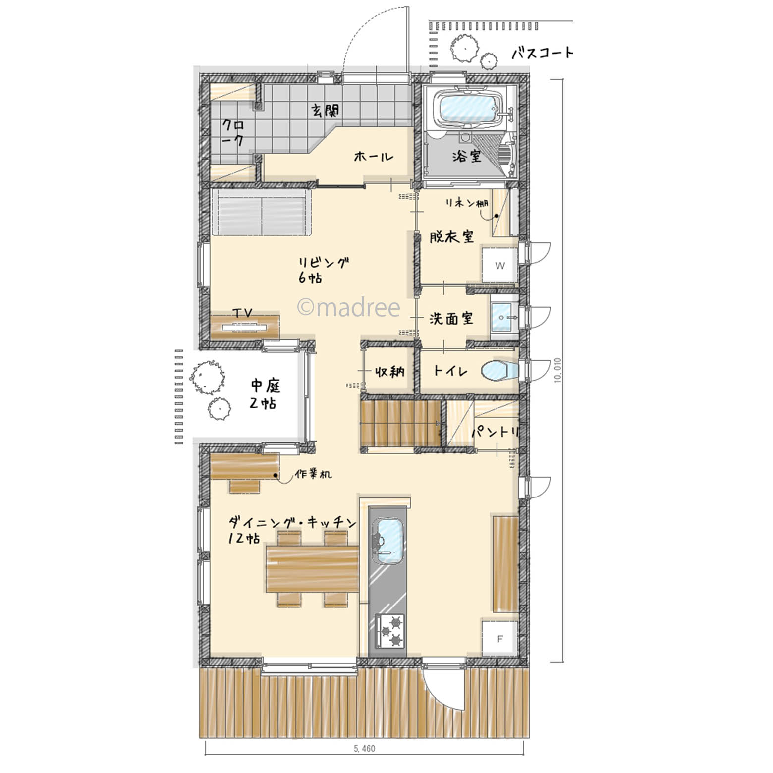 中庭を中心にLDKを空間分けした、窓や廊下越しに家族の存在を感じられる家