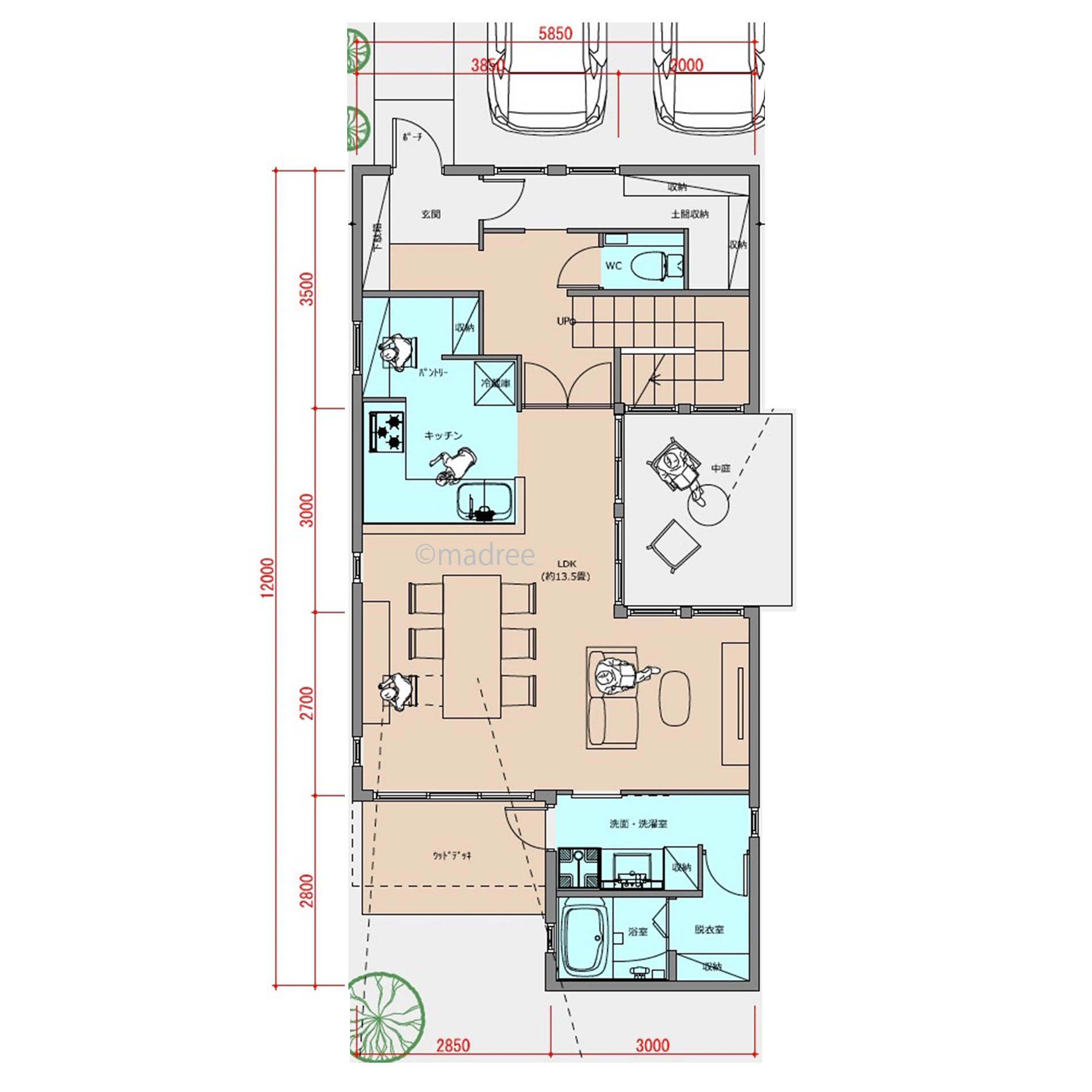 人の賑わうリビングに自然光行き渡る、中庭の魅力を活かすコの字型の家
