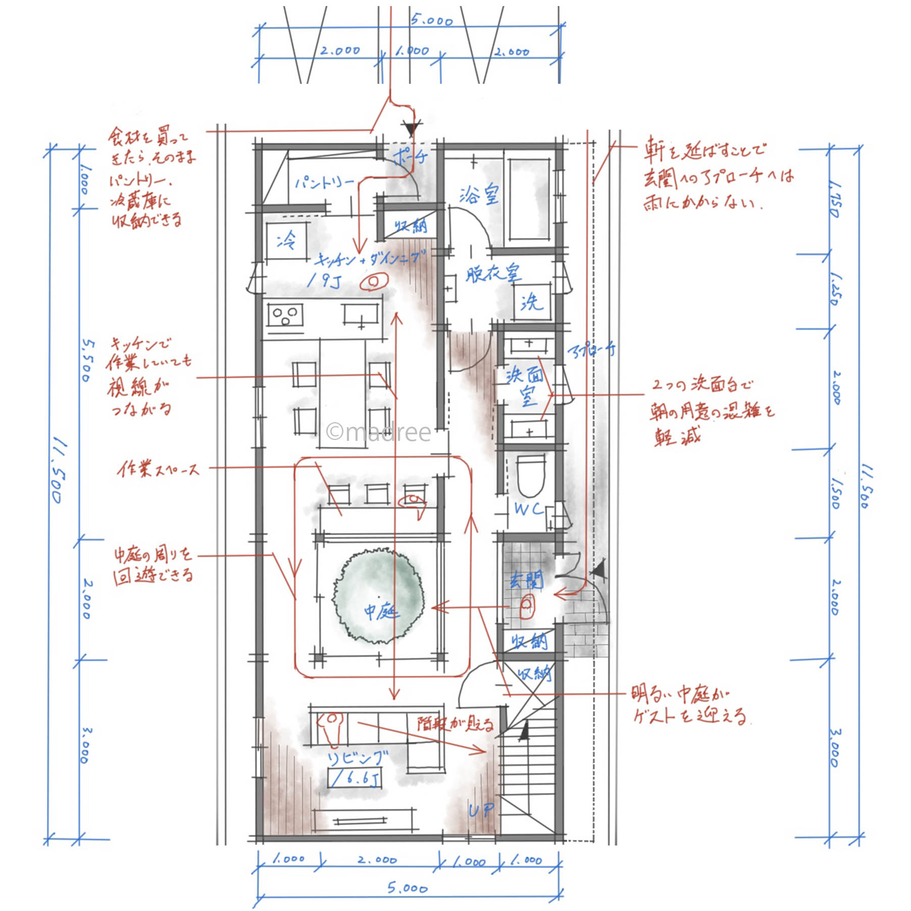 中庭を介して家族の雰囲気を家じる、生活の中心に回遊プライベート空間のある家