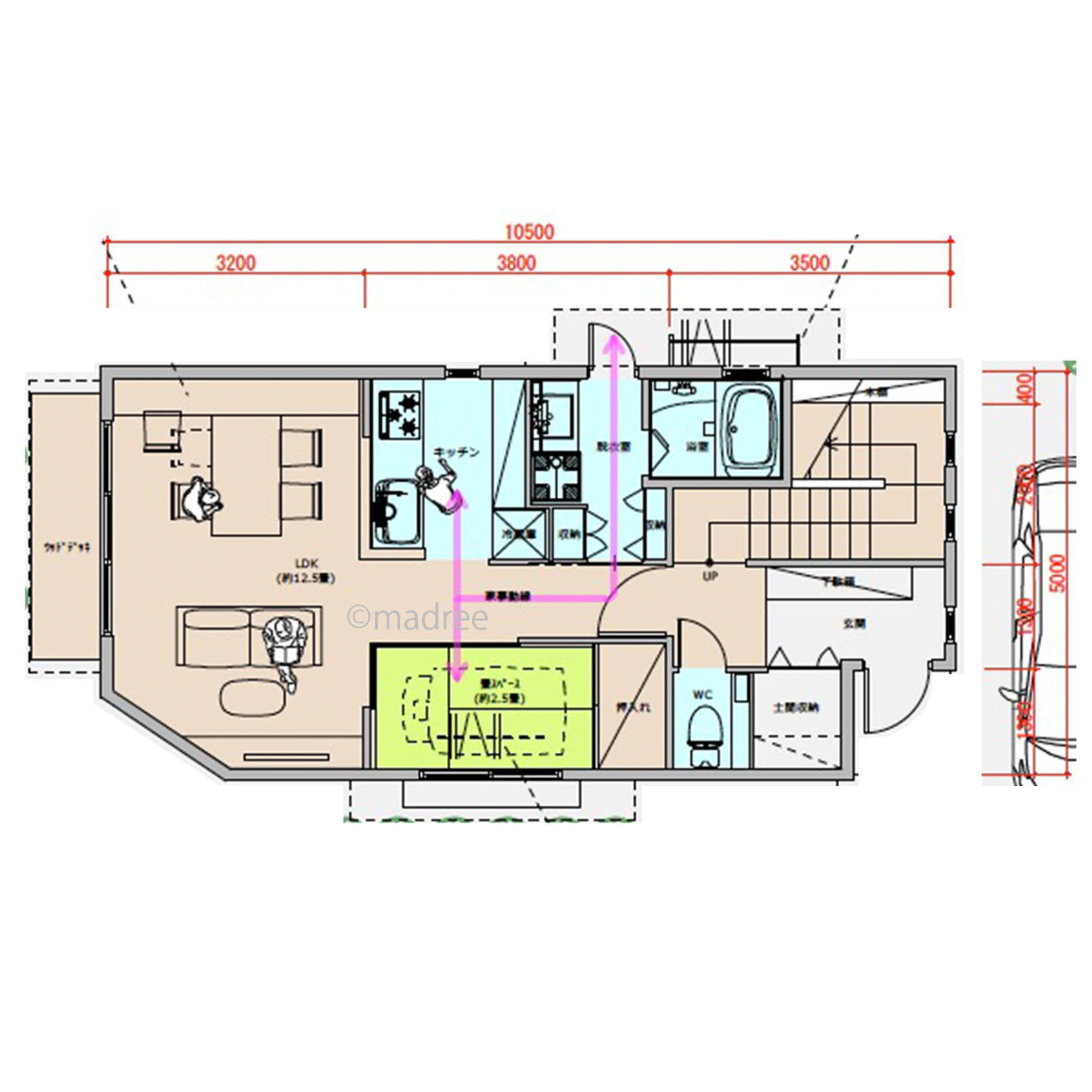 リビング一体の畳空間を多目的に活用、並行家事がしやすいコンパクト動線の家