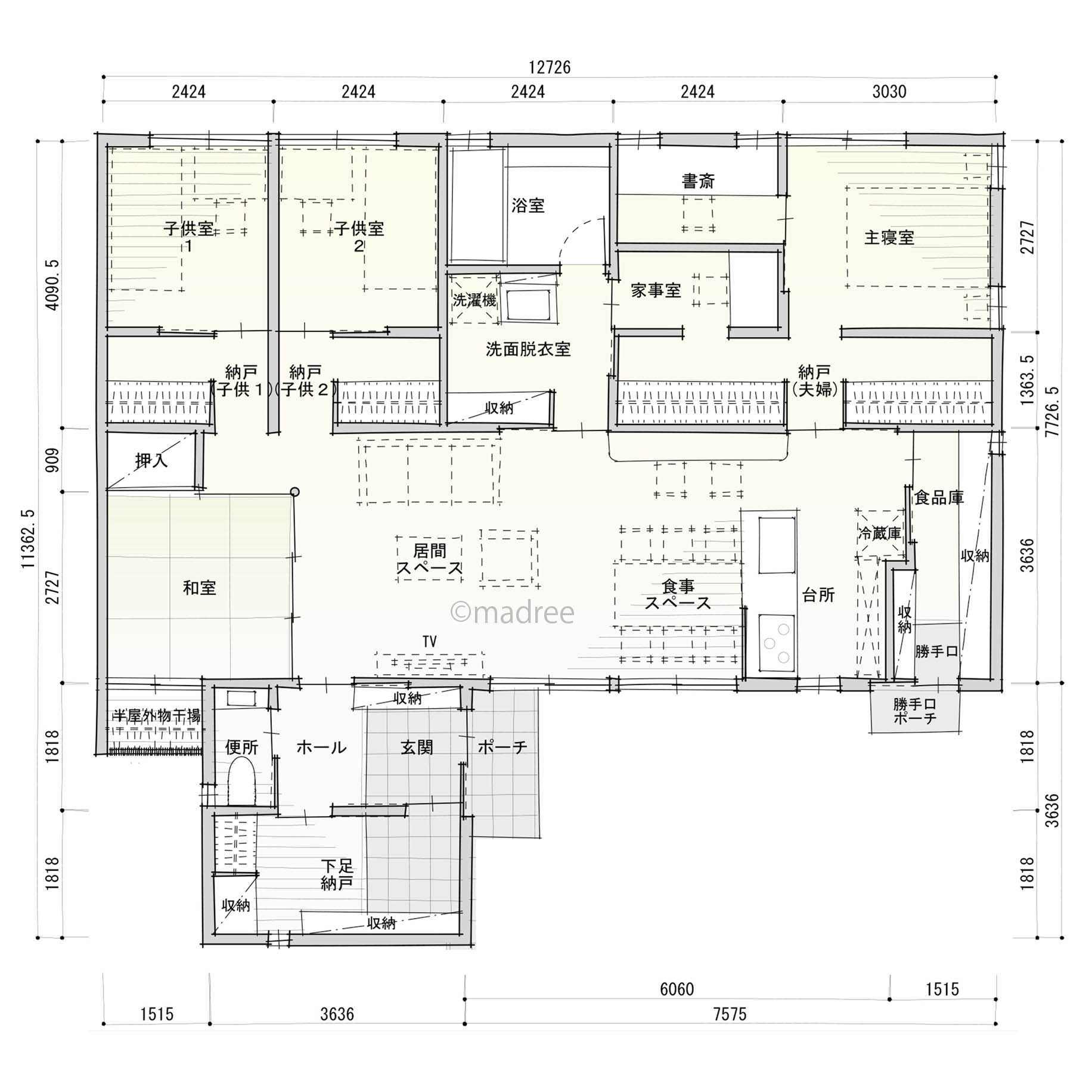 廊下を兼ねるウォークスルー収納で音対策、機能的な家事動線で繋がる平屋