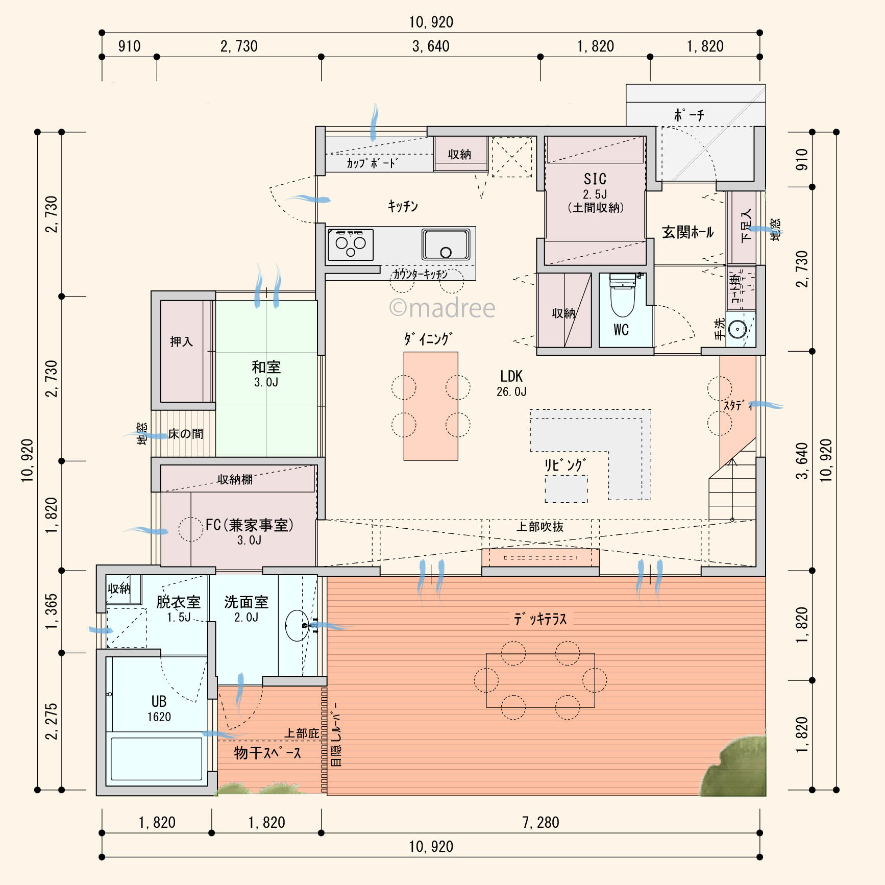 化粧梁で魅せるナチュラルウッドな大空間、LDKから大開口窓へ眺望の広がる家