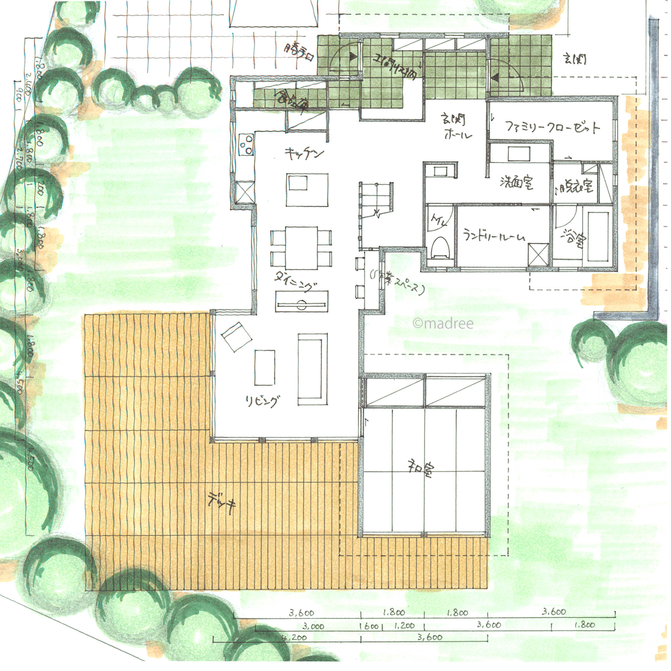 趣の異なる庭の景色楽しむ、将来平屋のように使えるコの字の家
