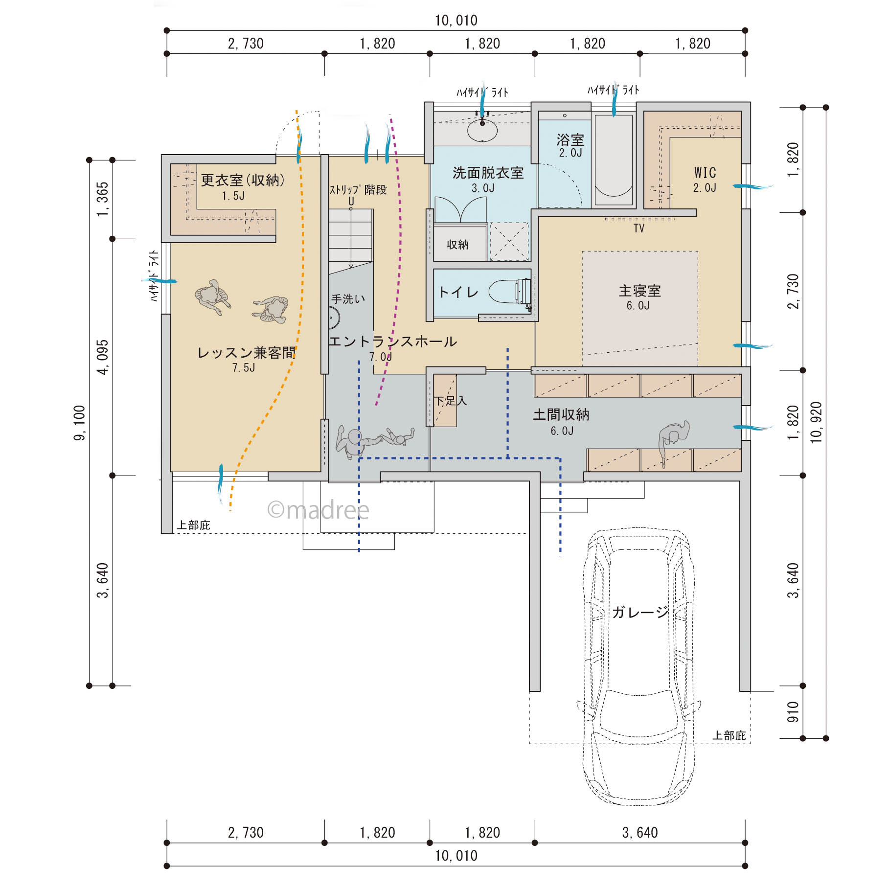 ステップフロアに腰掛け人が集まる、自然光が降り注ぐ和み空間のある家