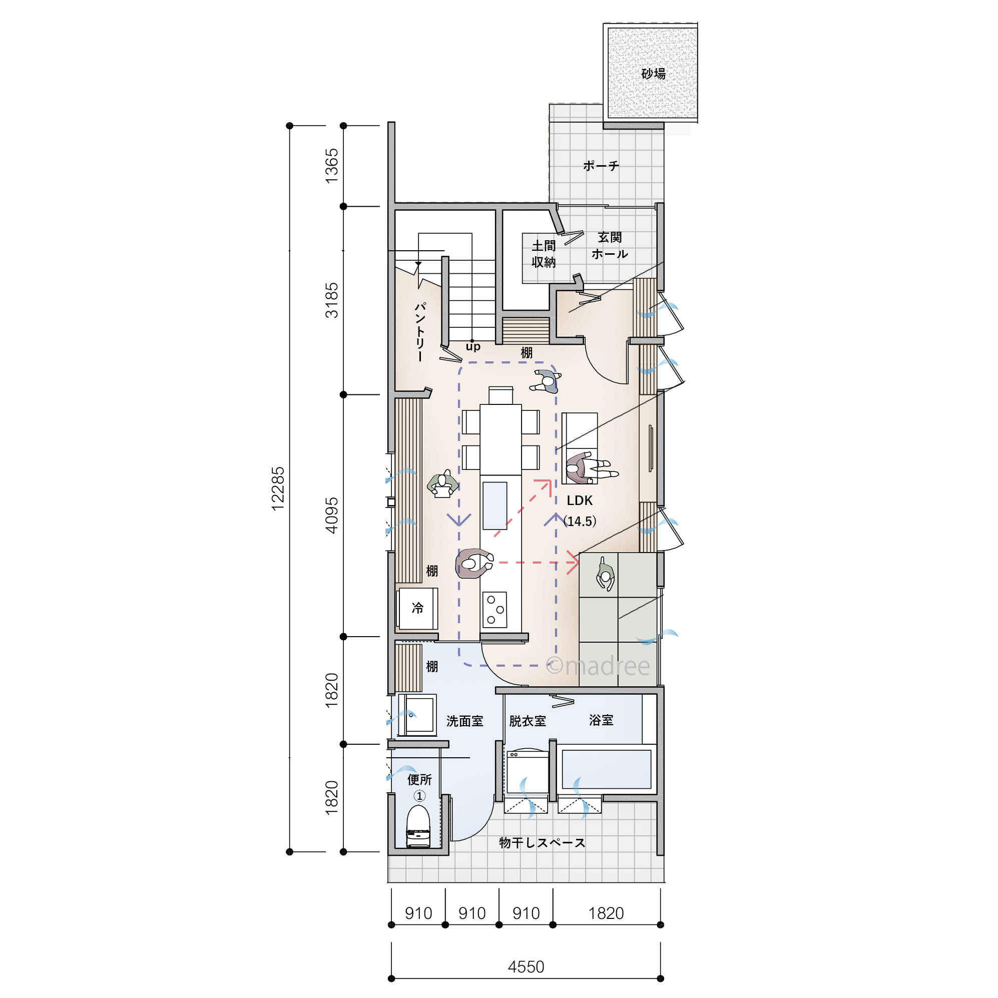 キッチン奥へ繋がる快適な家事動線で、家族と過ごす時間の増える家