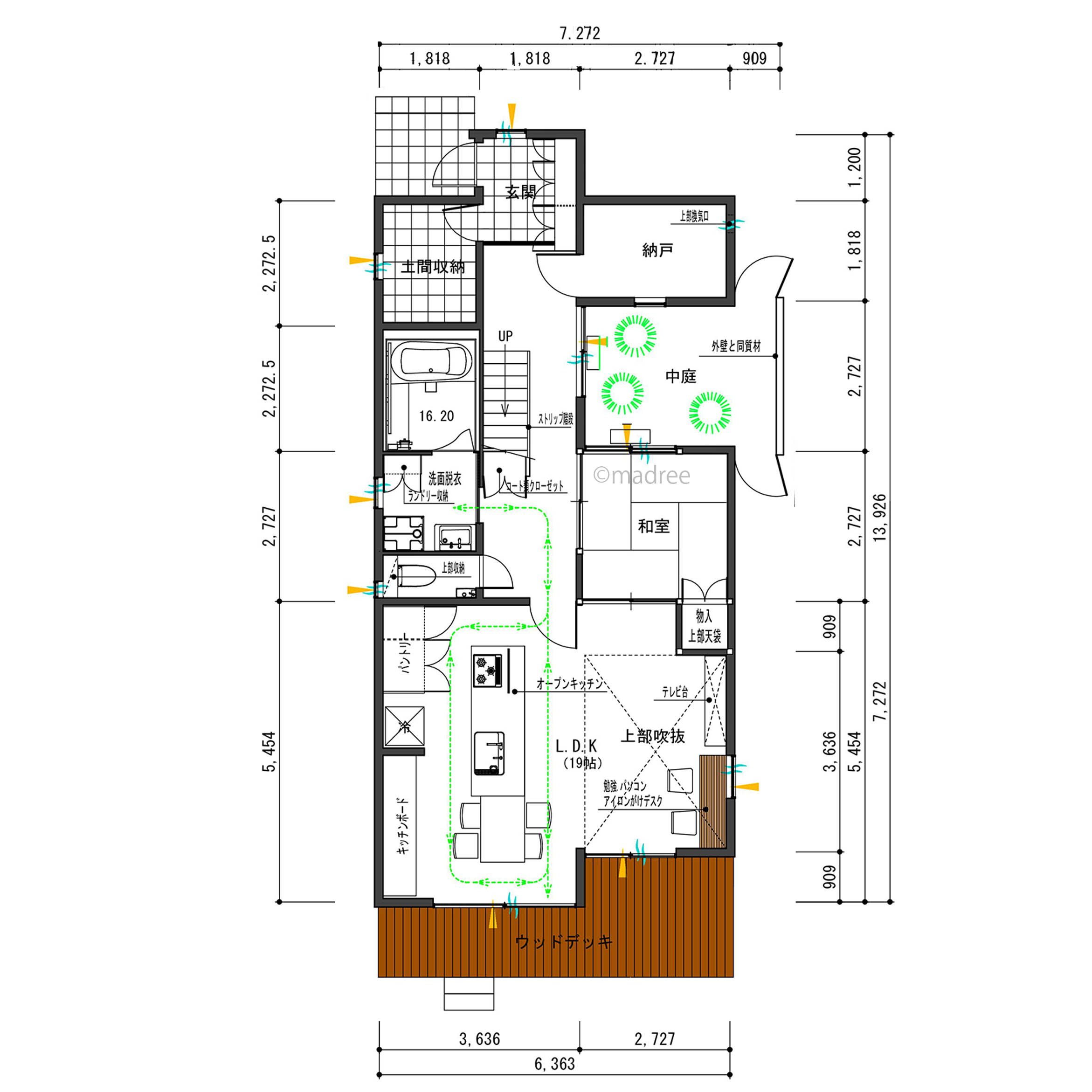すべての部屋に自然光が届く、子ども部屋と小窓でつながる吹抜リビングの家