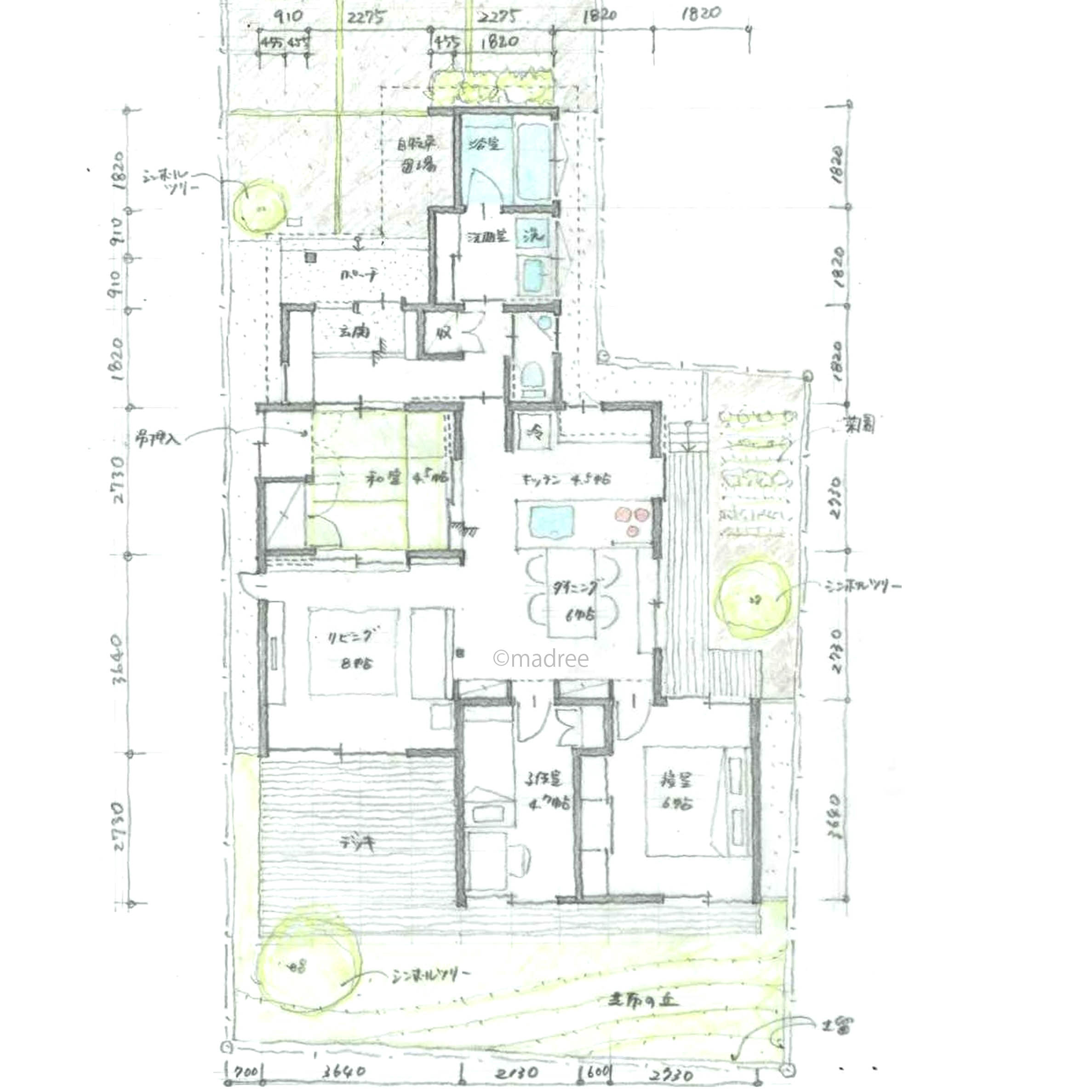 玄関を開けると視線と風が抜ける、LDKから全ての部屋へ繋がりを持つ平屋