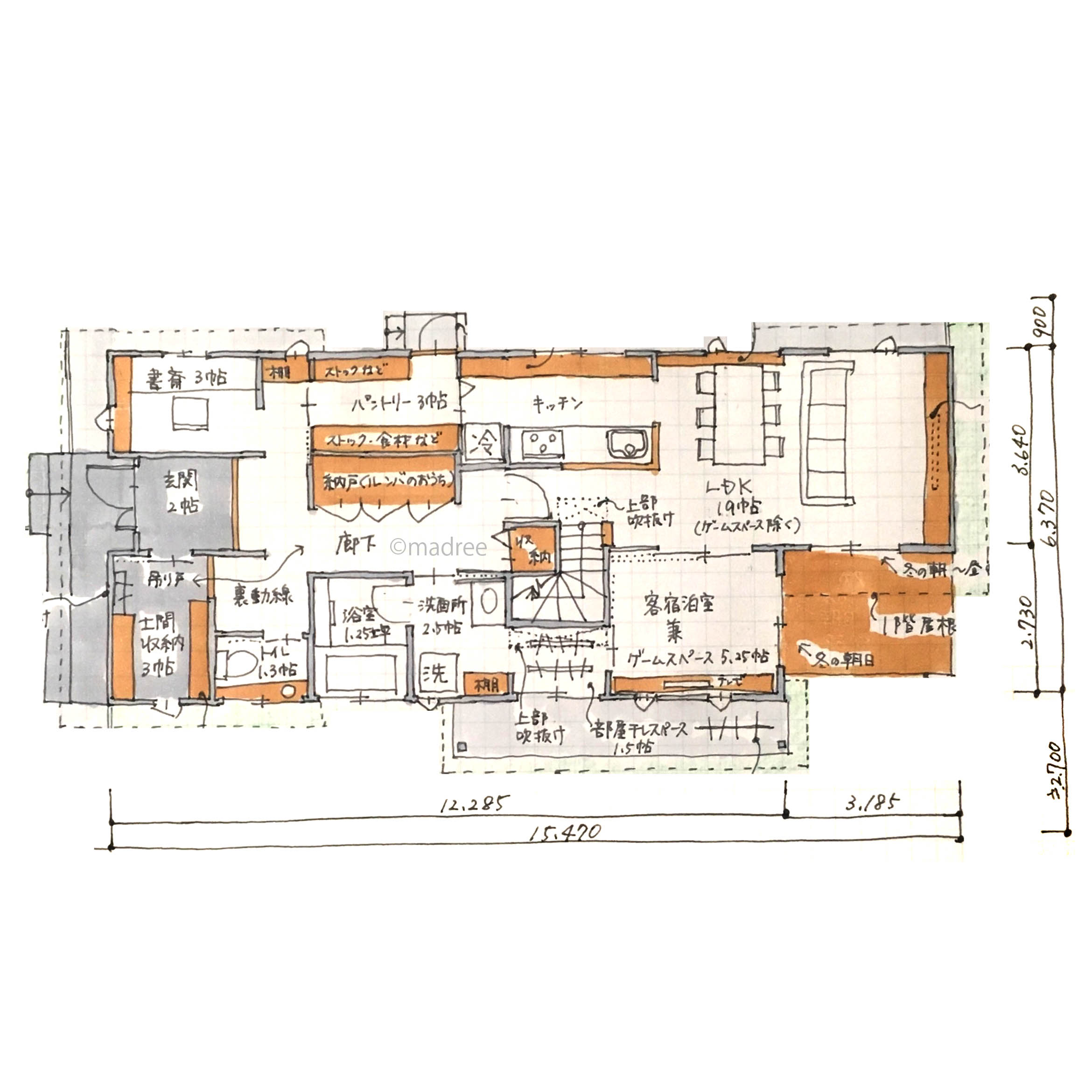 快適な裏動線で生活感を隠す、共働きの毎日を助けるサンルームのある家