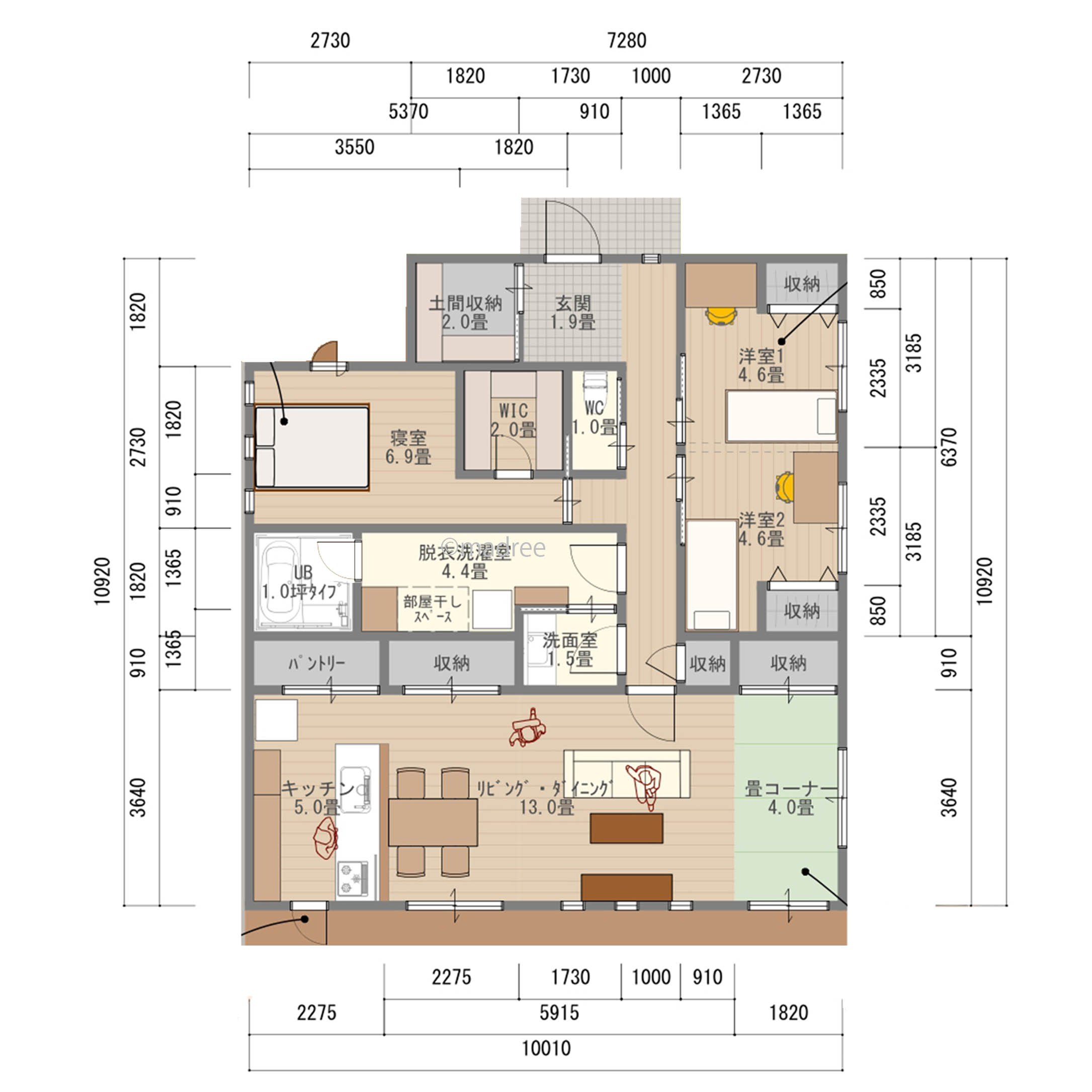 空間は無駄なく収納に活用、お互いのプライバシーを尊重し合える平屋