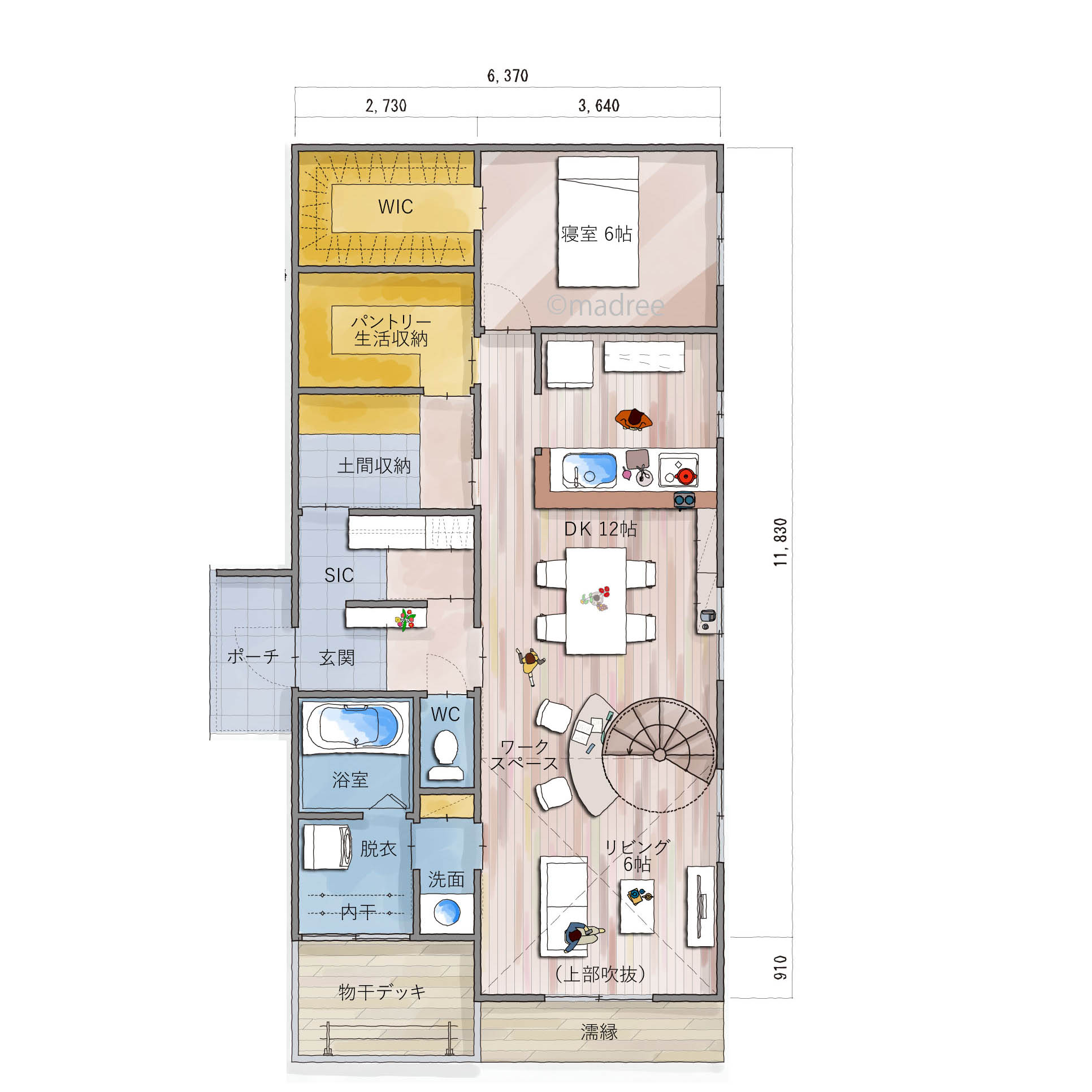 眺めるだけでも癒される存在、空間を緩やかに間仕切る螺旋階段のある家
