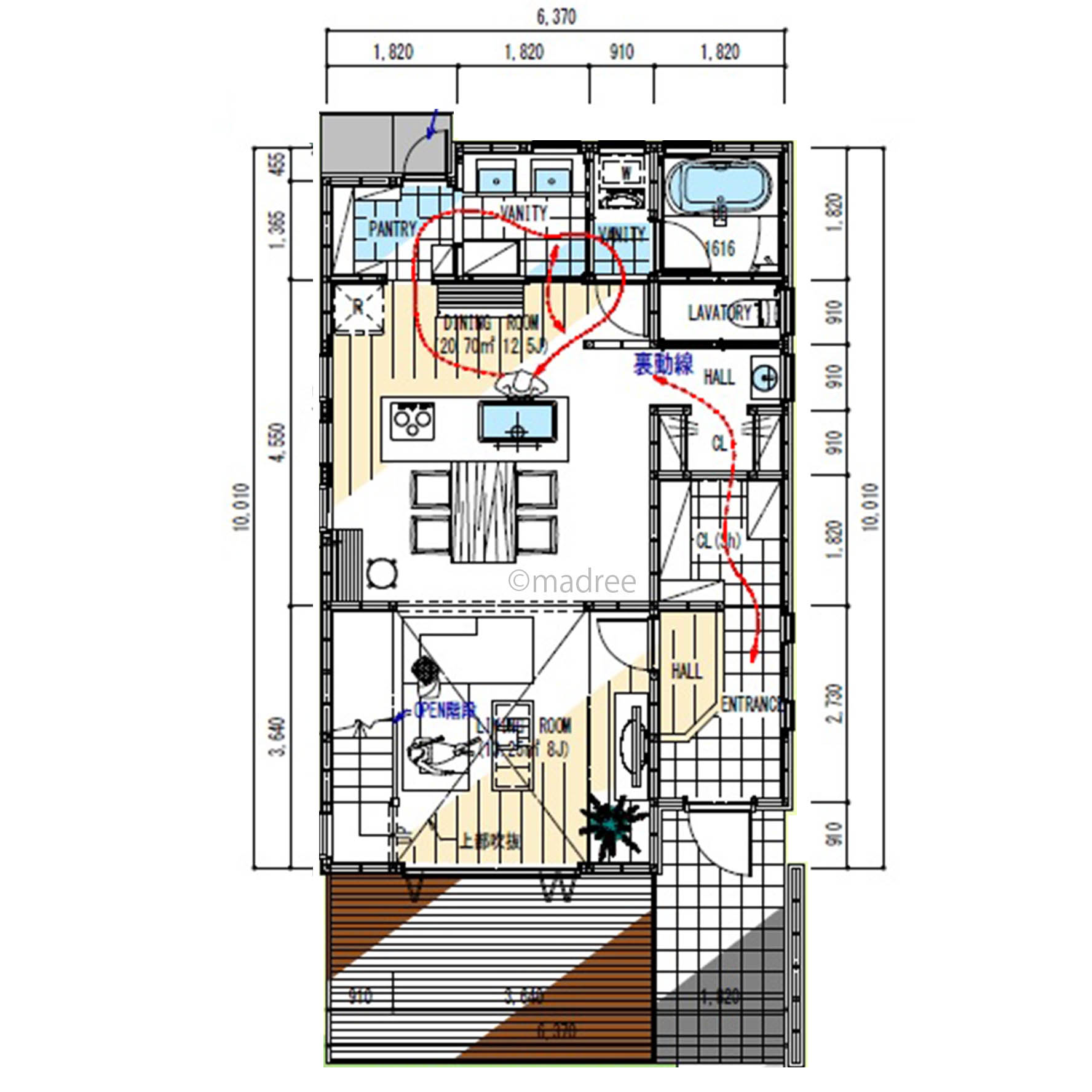 来客いつでもウェルカム、生活感をキッチン裏にまとめた縦長の家