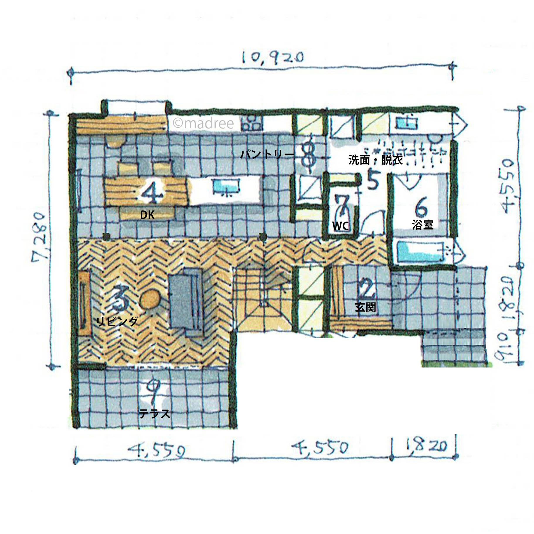 キッチン横並びの水廻りで時短家事叶う、上階に空間抜けるダイナミックなLDKの家