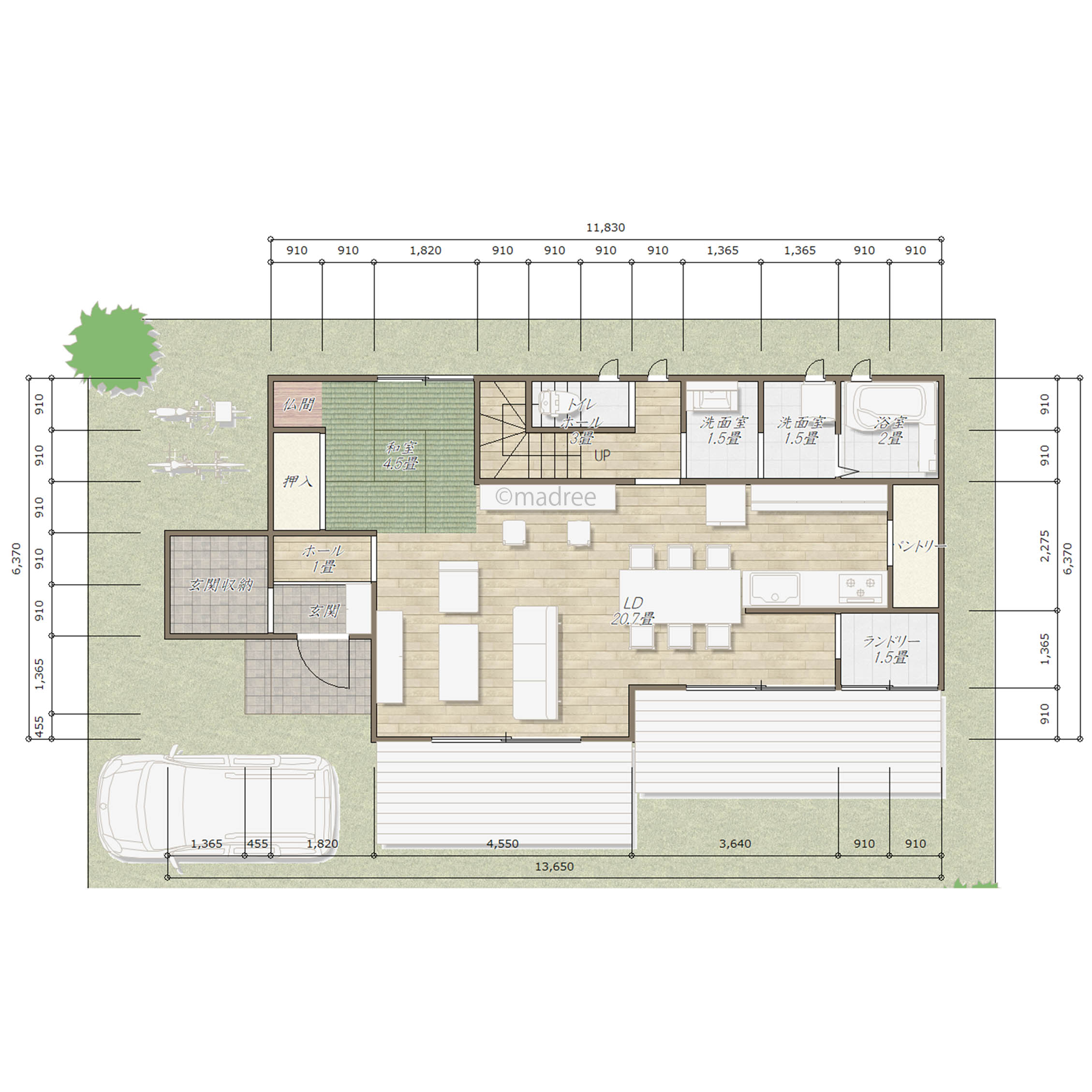 キッチン裏の水廻りで家事集約、自然光がたっぷり降り注ぐ南向きの家