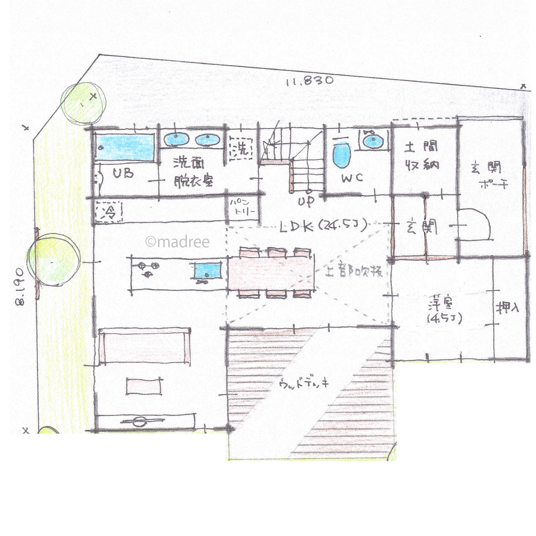 南向き開口とダイニング吹抜で明るく開放的、真ん中デッキを囲むコの字型の家