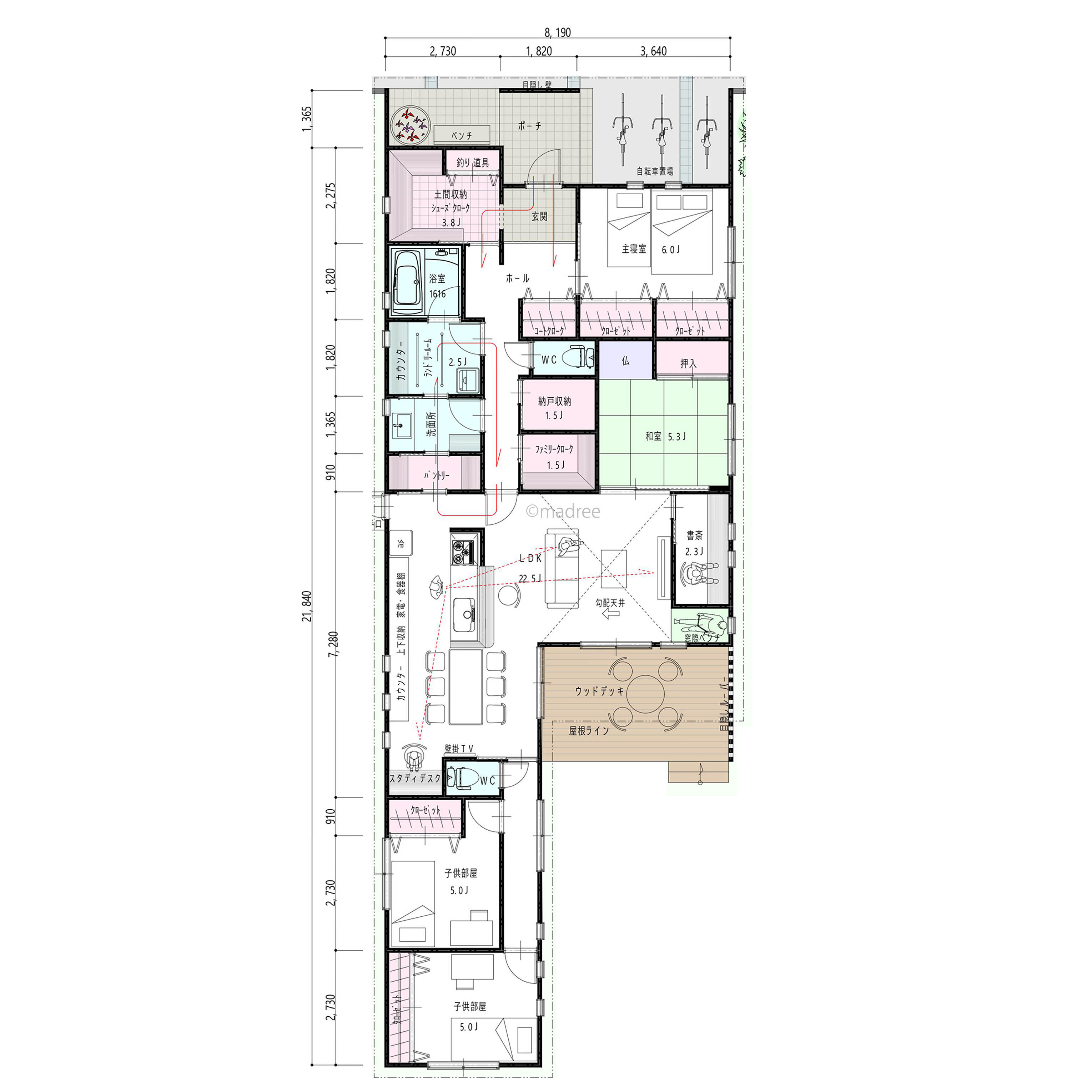 玄関近くの水廻りと主寝室で、朝の準備も夜の着替えもラクラクな平屋