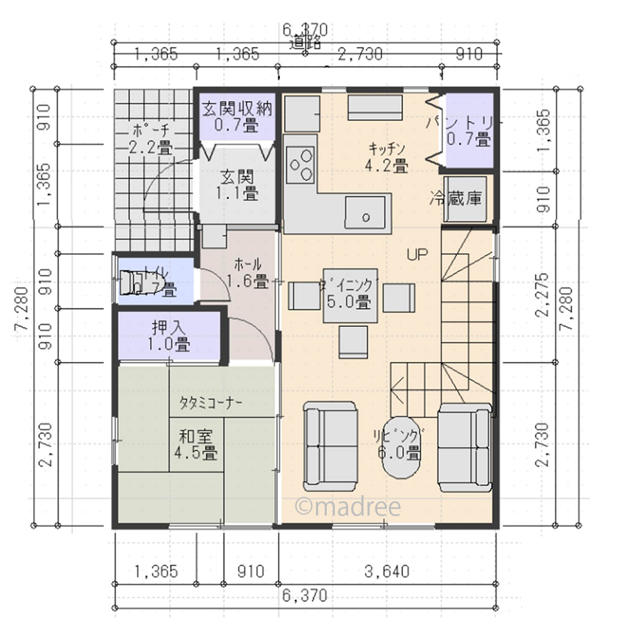 2階はギュッとコンパクト、1階吹抜LDKにゆとりを持たせた家
