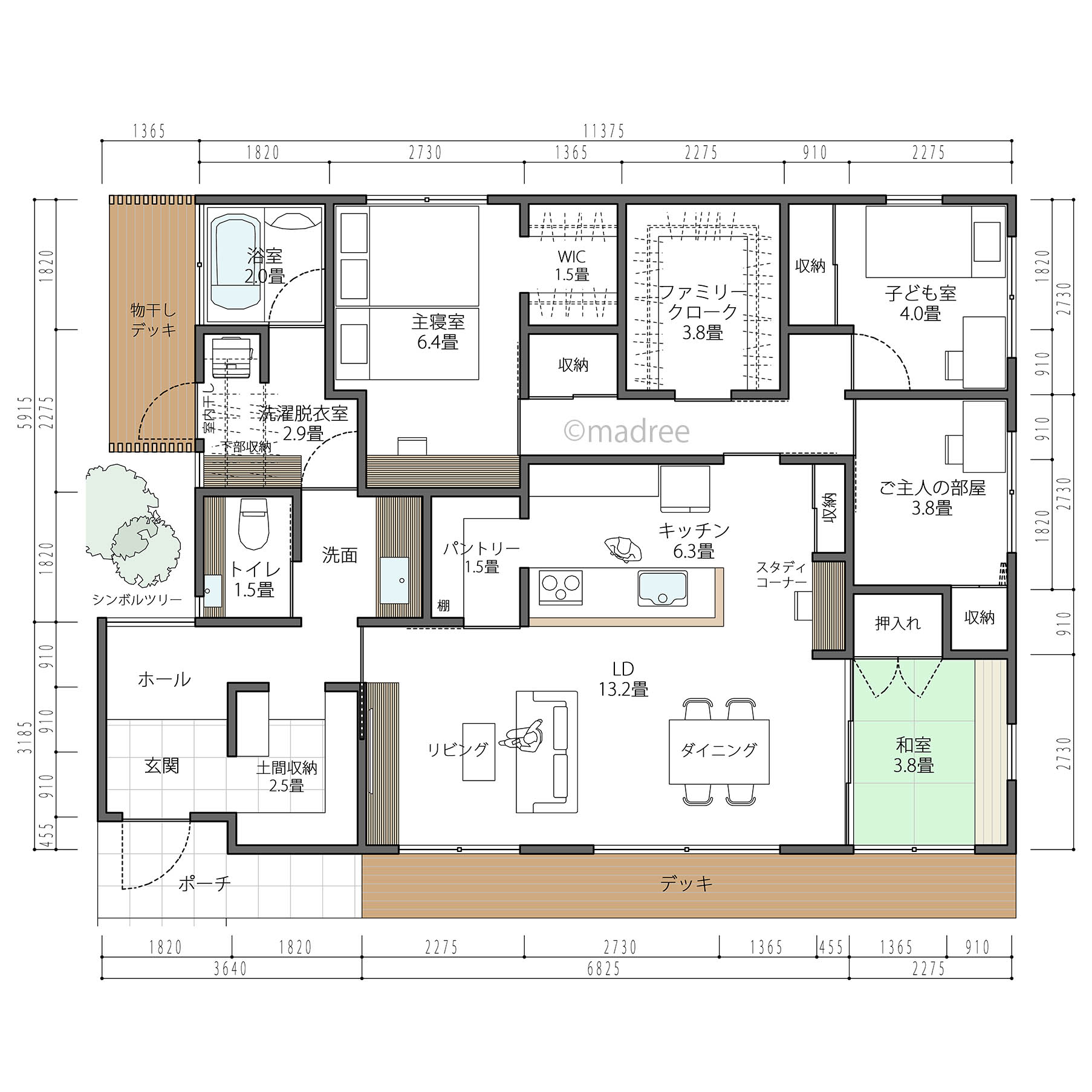 2つのデッキで洗濯物がラクに干せる、ON/OFFで生活空間を分けた平屋