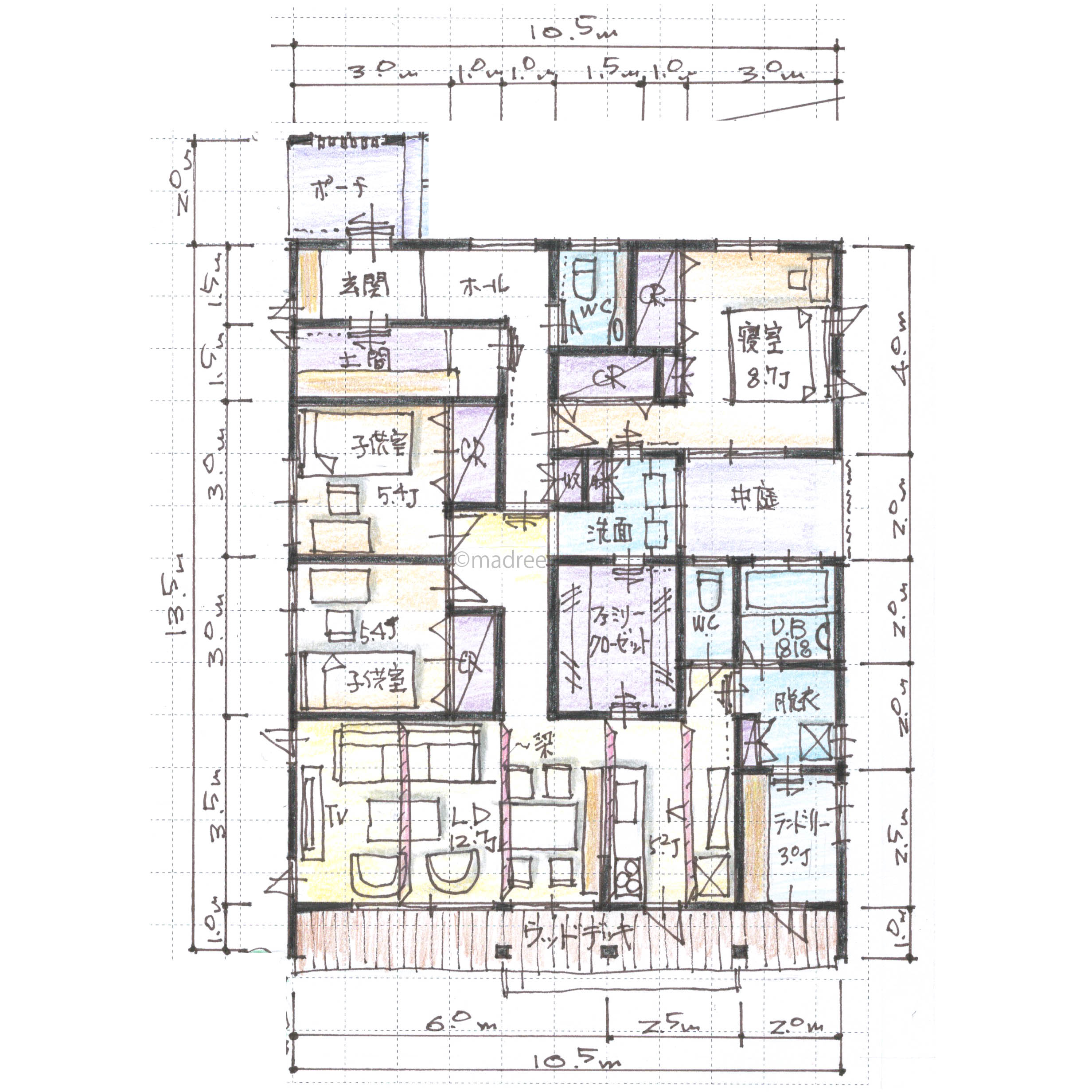 テラス直結のランドリールームで外干しも内干しも選べる平屋