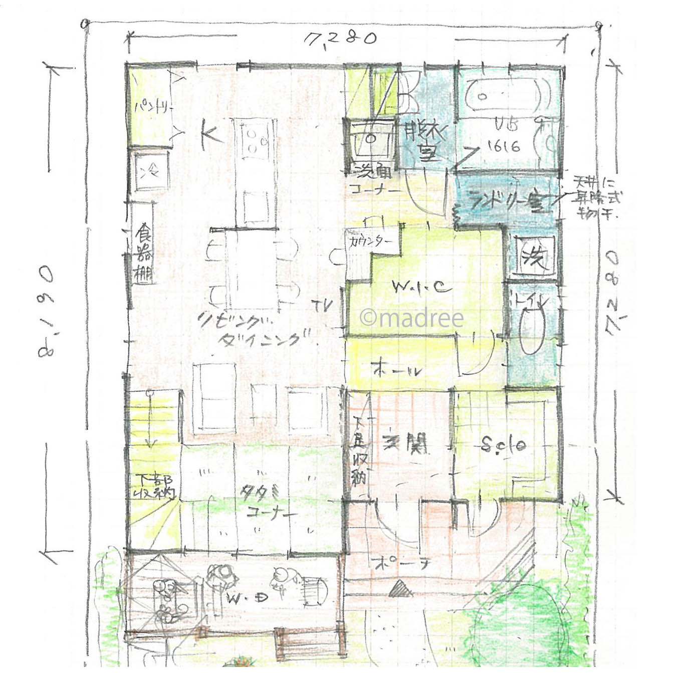 右はプライベートスペース、左にオープンなLDK、生活空間を分けた収納豊富な家