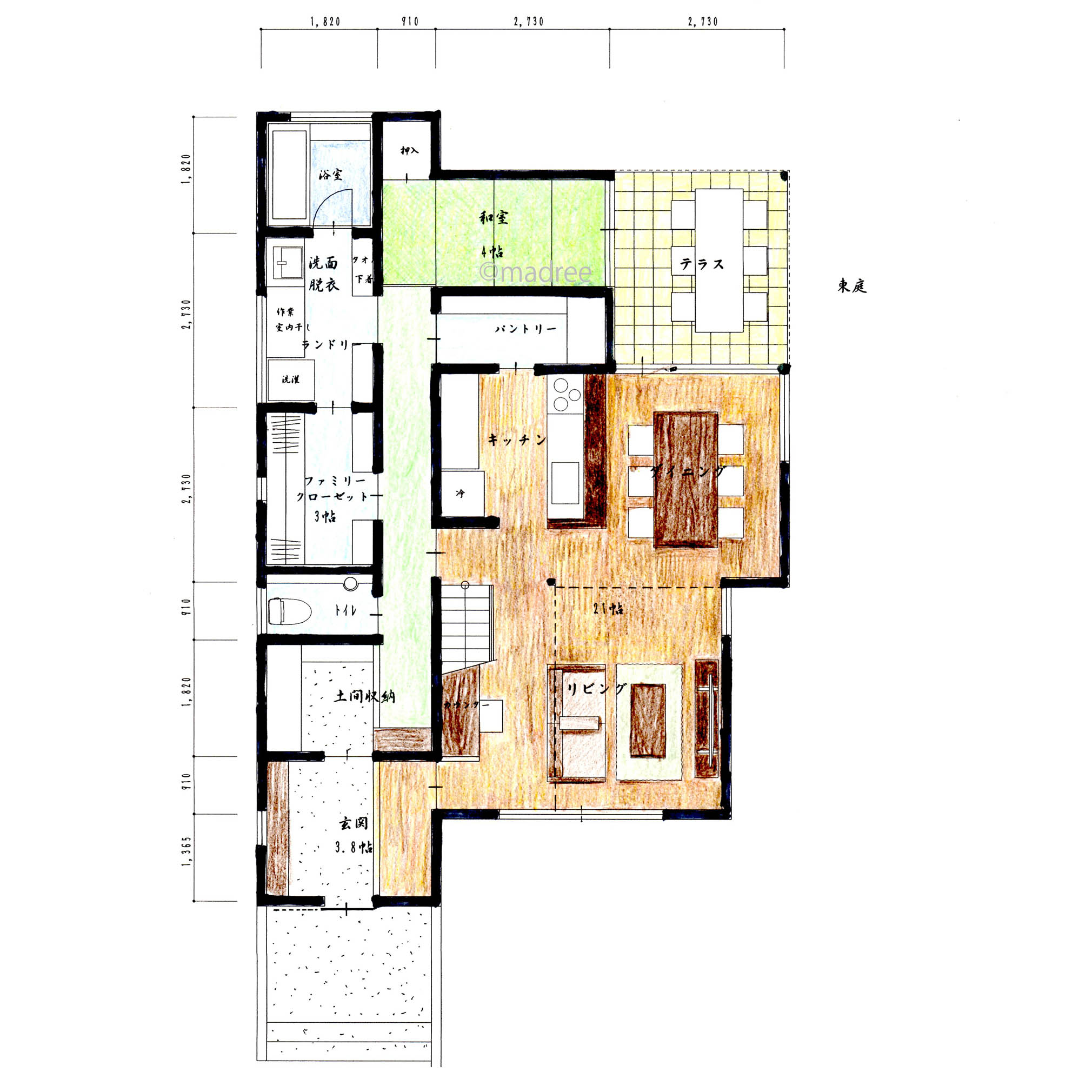 キッチンからサッと行ける水回り動線、乾燥機使用で洗濯仕事が１箇所で完結する家