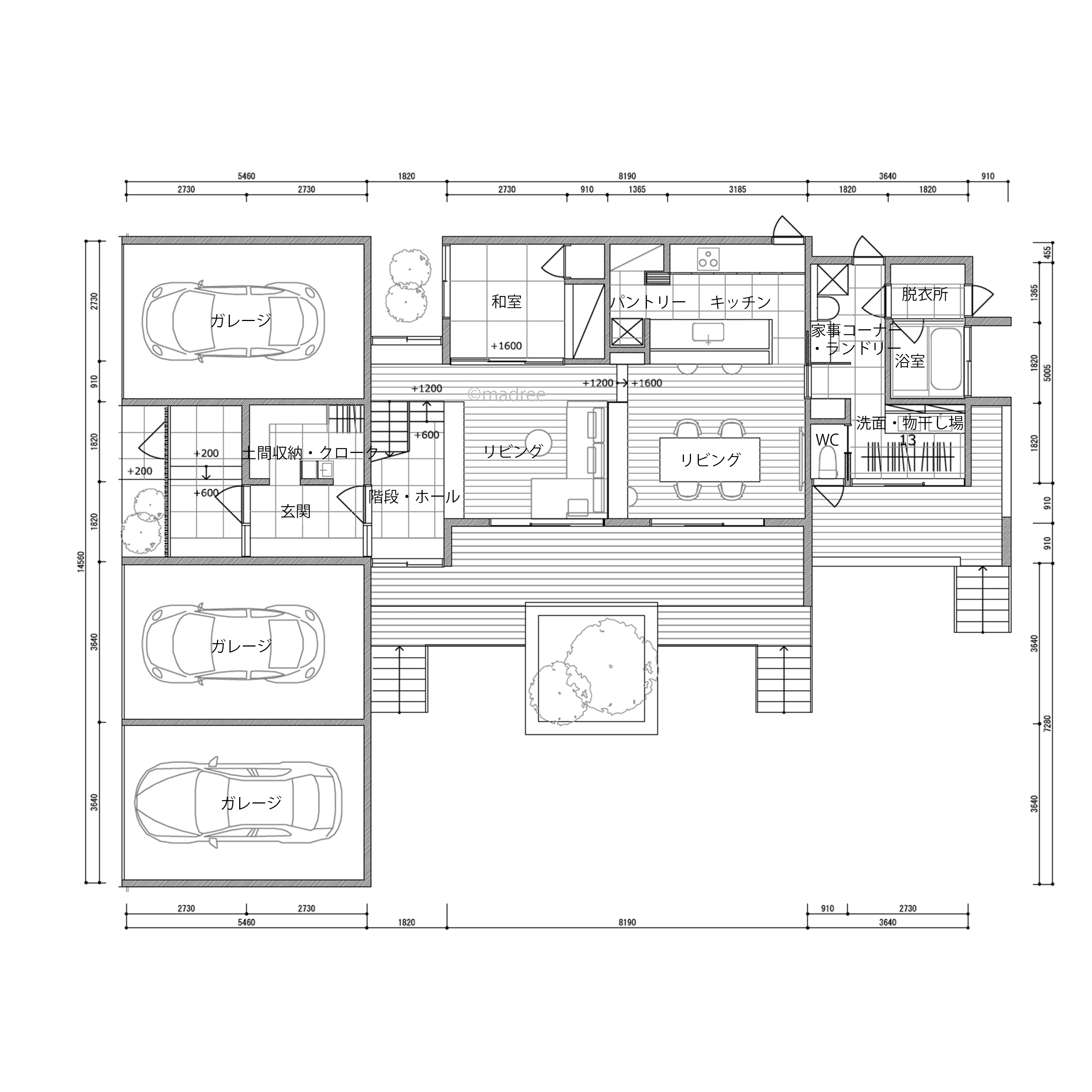 スキップフロアでリズミカルな暮らし、大きな吹抜けで明るく開放的な家