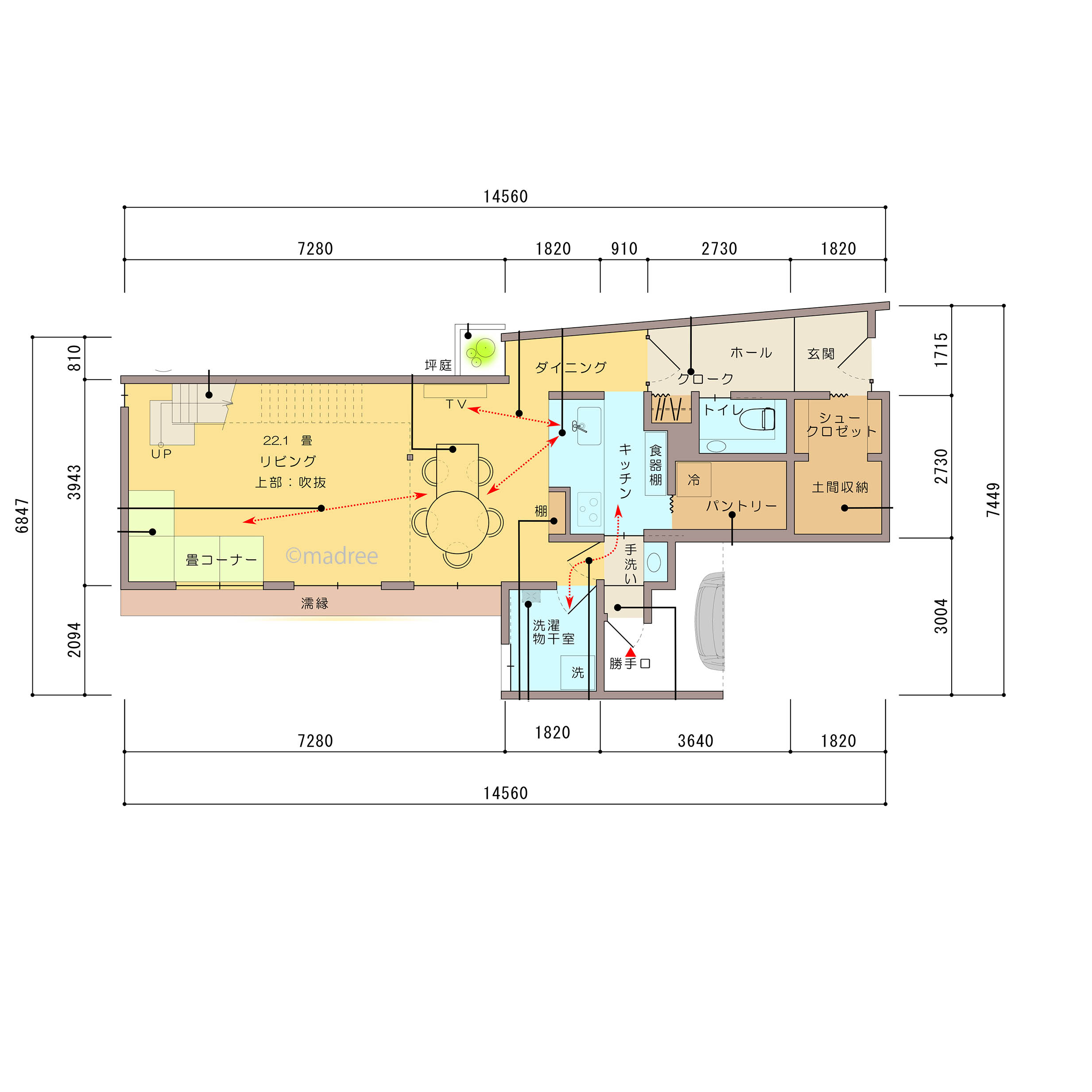 開放的な吹き抜けリビングで家族と繋がれる！通風、採光、お庭で自然を感じられる家