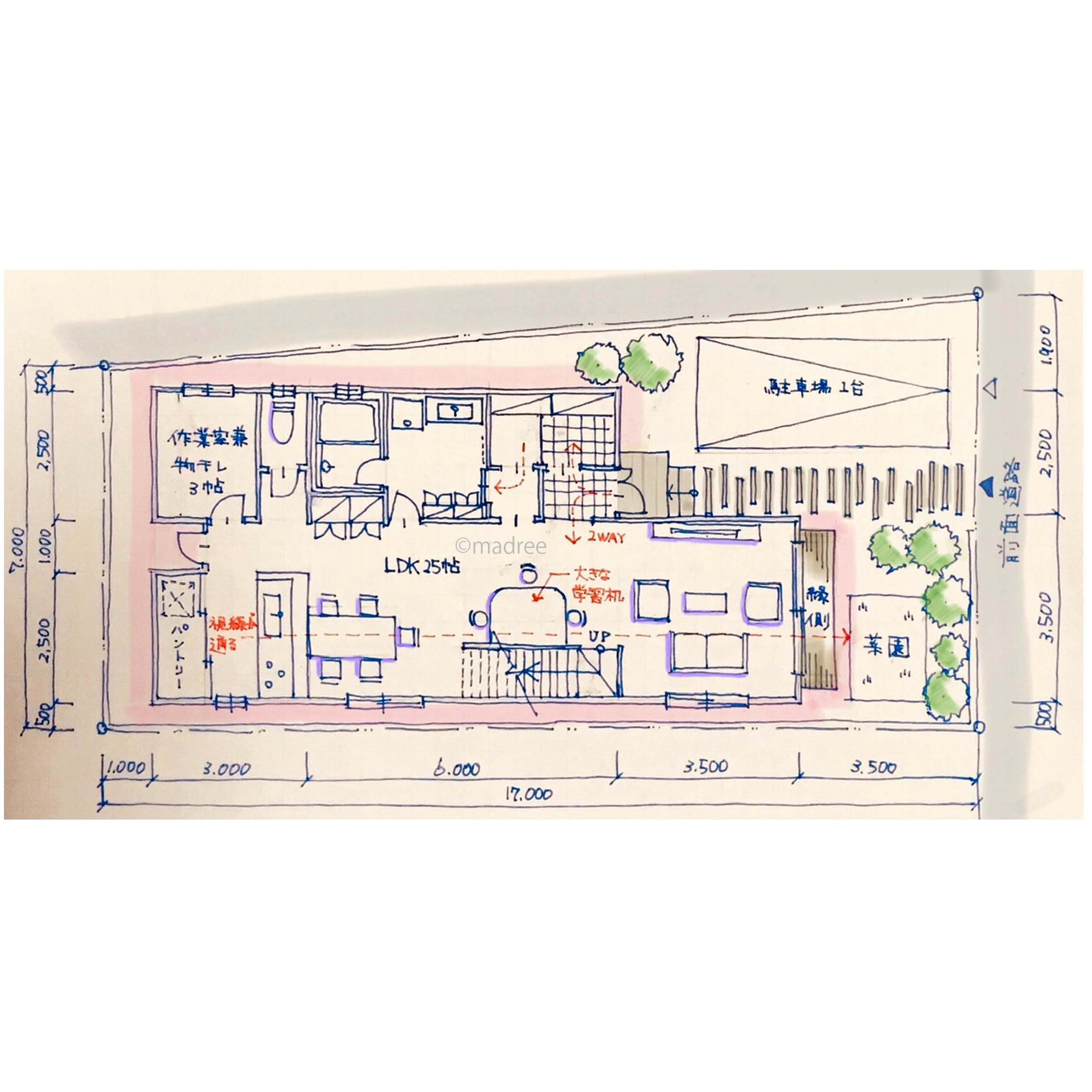 LDKと学習スペースと庭を一直線に配置して、家族が自然と集まり緑と繋がる家