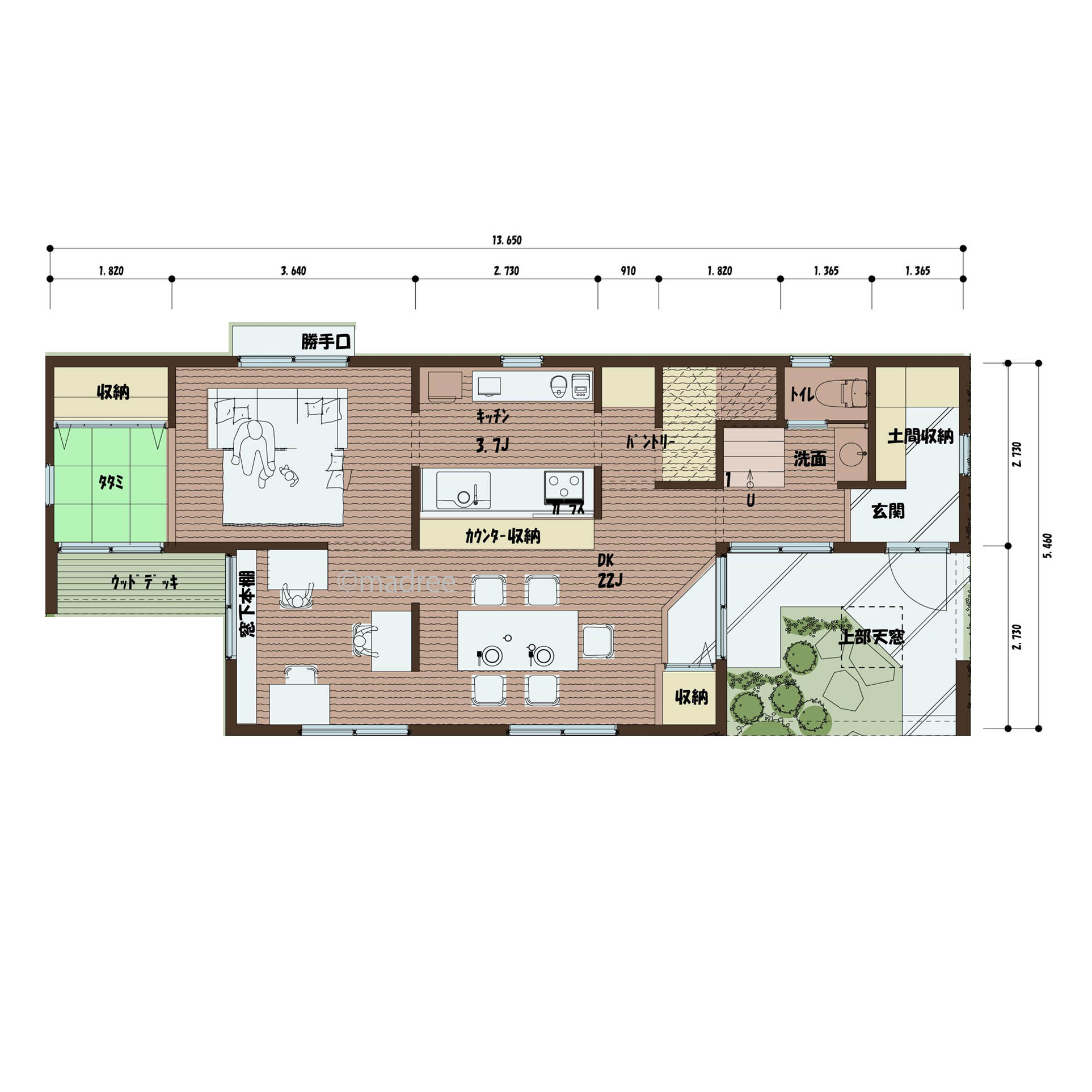 天窓エントランスで雨の日でも遊べる！緑が暮らしの側にある間取り