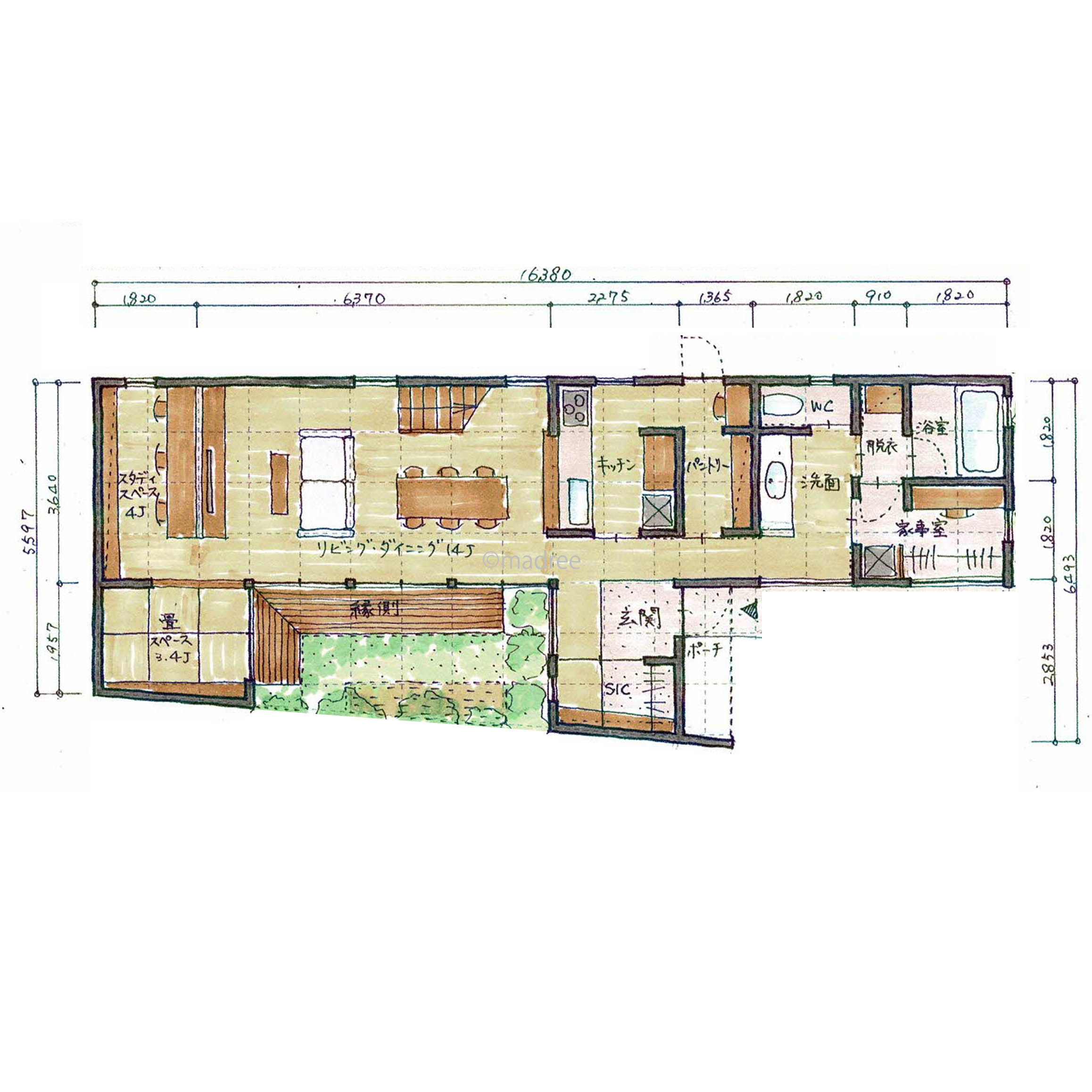 家事動線が充実した緑あふれる庭を囲んだ間取り