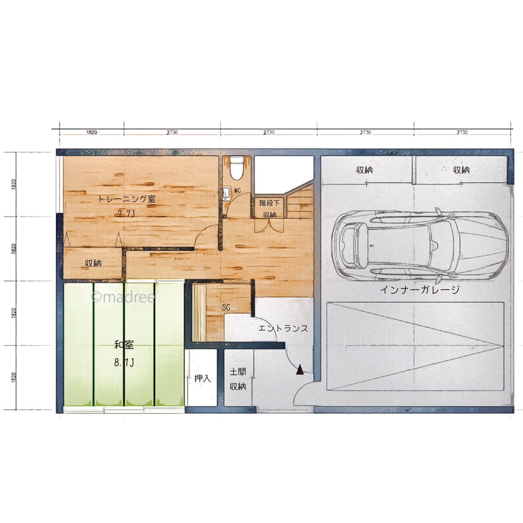 趣味を楽しむトレーニングルームとプレイスペースのある家