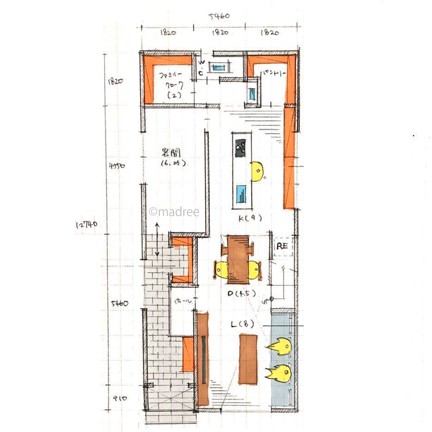 間口が狭くても吹き抜けで採光を確保し明るく広々とした空間の家
