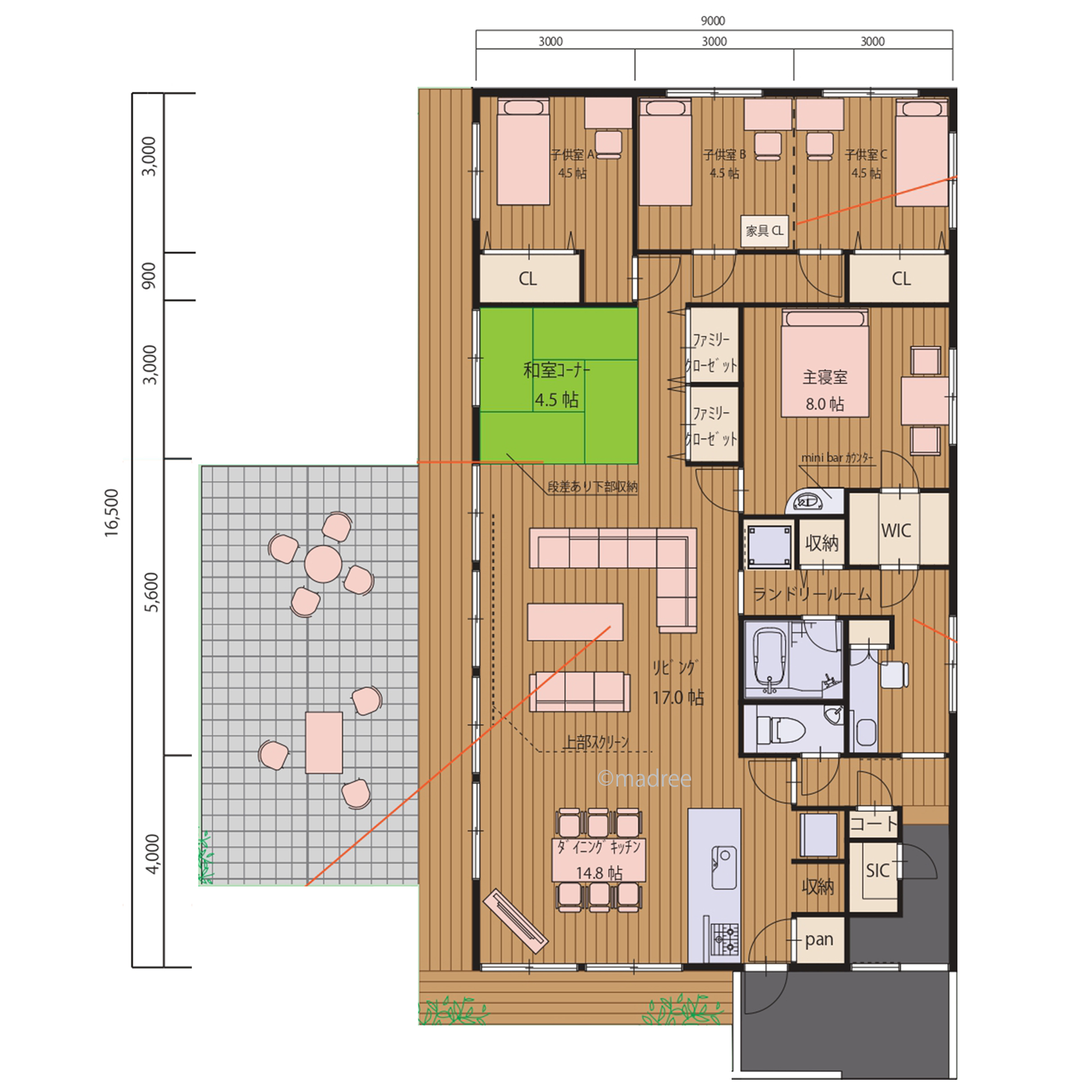 広い縁側で庭と繋がれて機能的な家事ラク動線充実の平屋