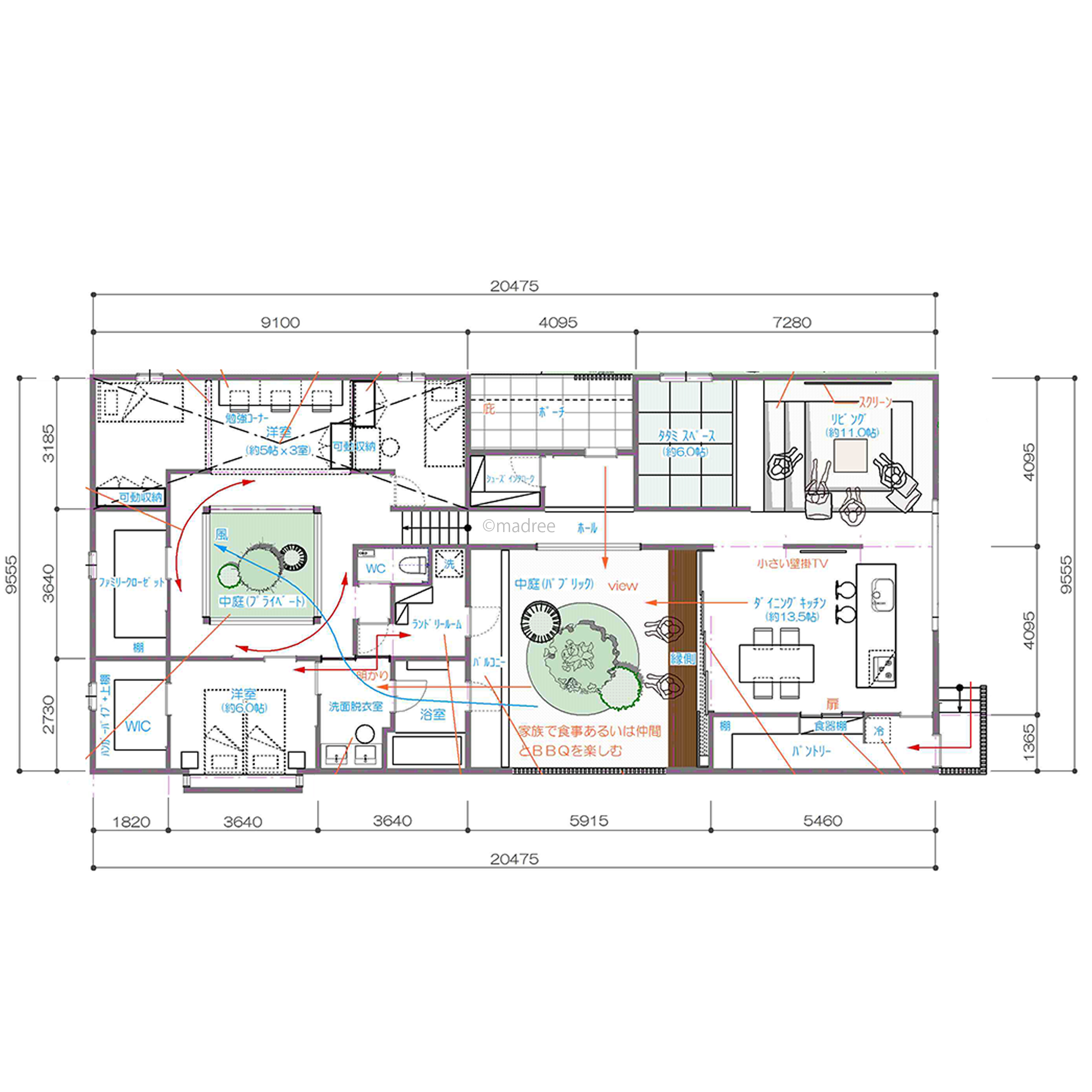 2つの中庭が暮らしを彩る、来客時も家族時間も緑に癒される住み心地良い家