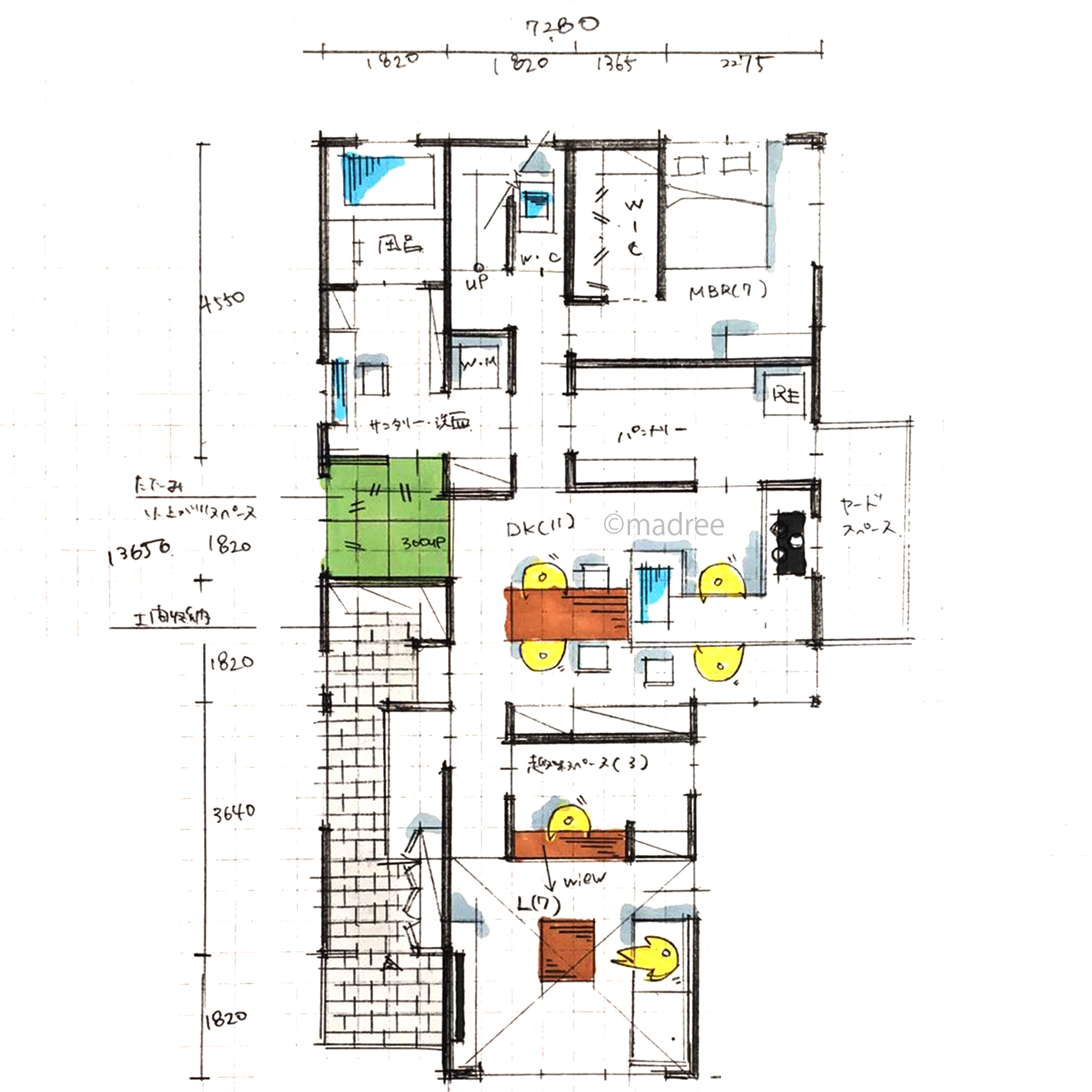 水回りと畳みコーナーの回遊導線で家事をラクに！家族用収納動線で片付く間取り