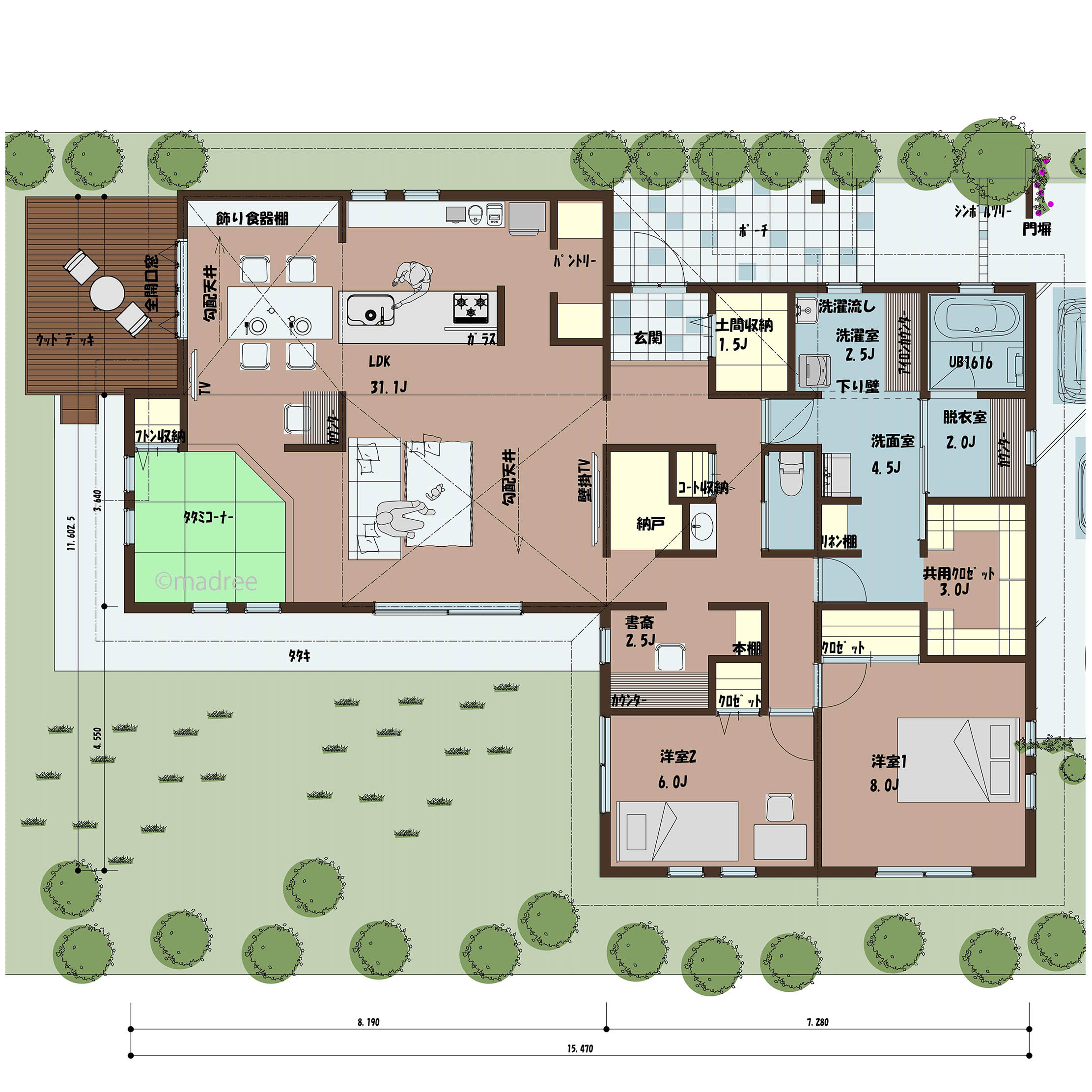 外出時も帰宅時も広々洗面・脱衣室でスムーズに！来客とプライベートエリアを分けた家
