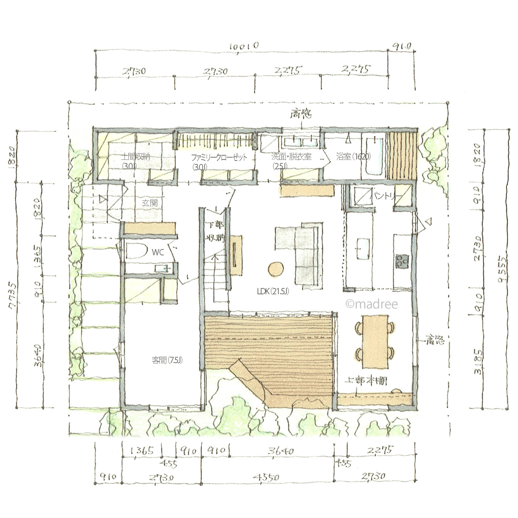 効率的な家事動線と真ん中吹き抜けで光と風に満ちる間取り