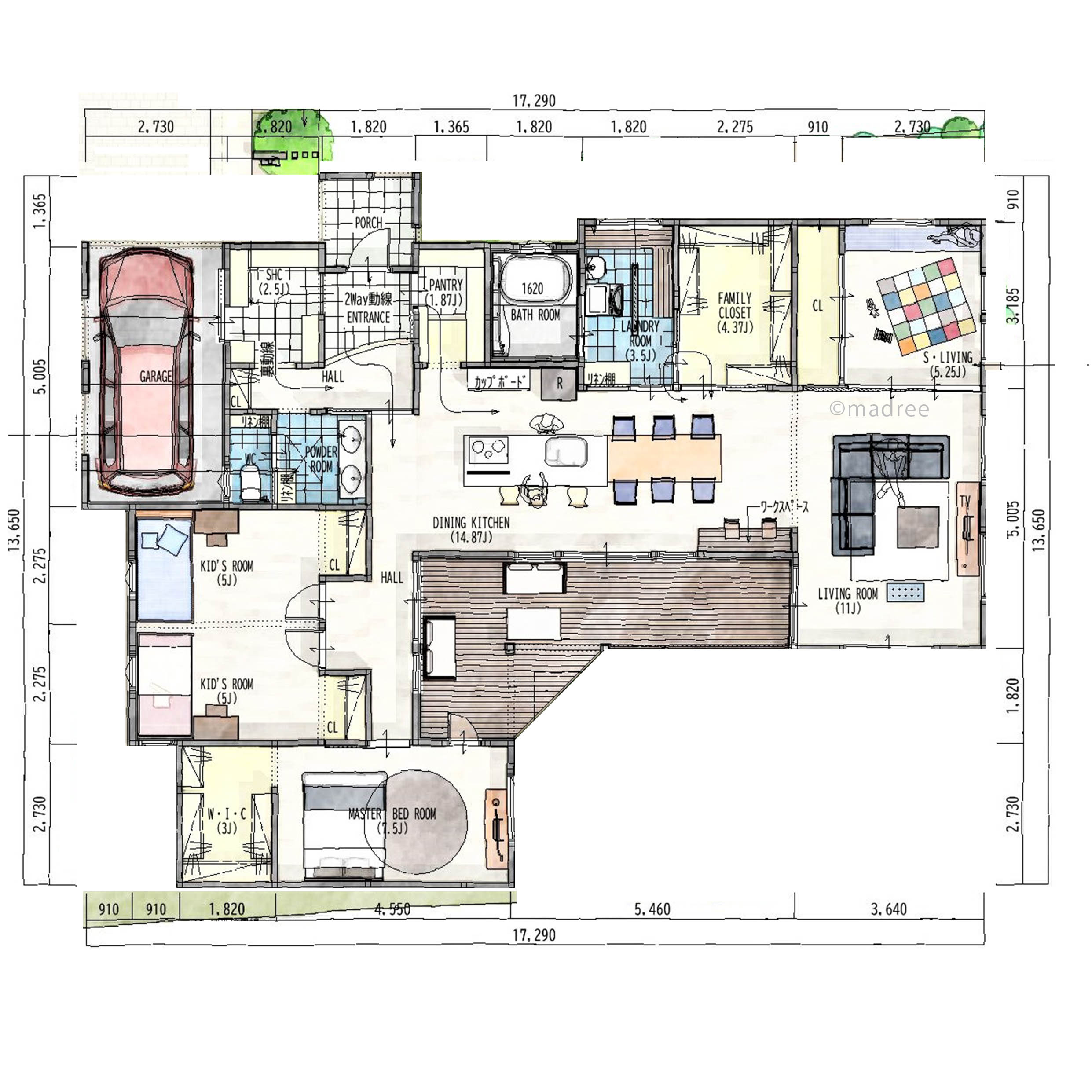 お庭を中心にした配置で家の中と外の空間を一緒に取り込み家族団らんできる平屋