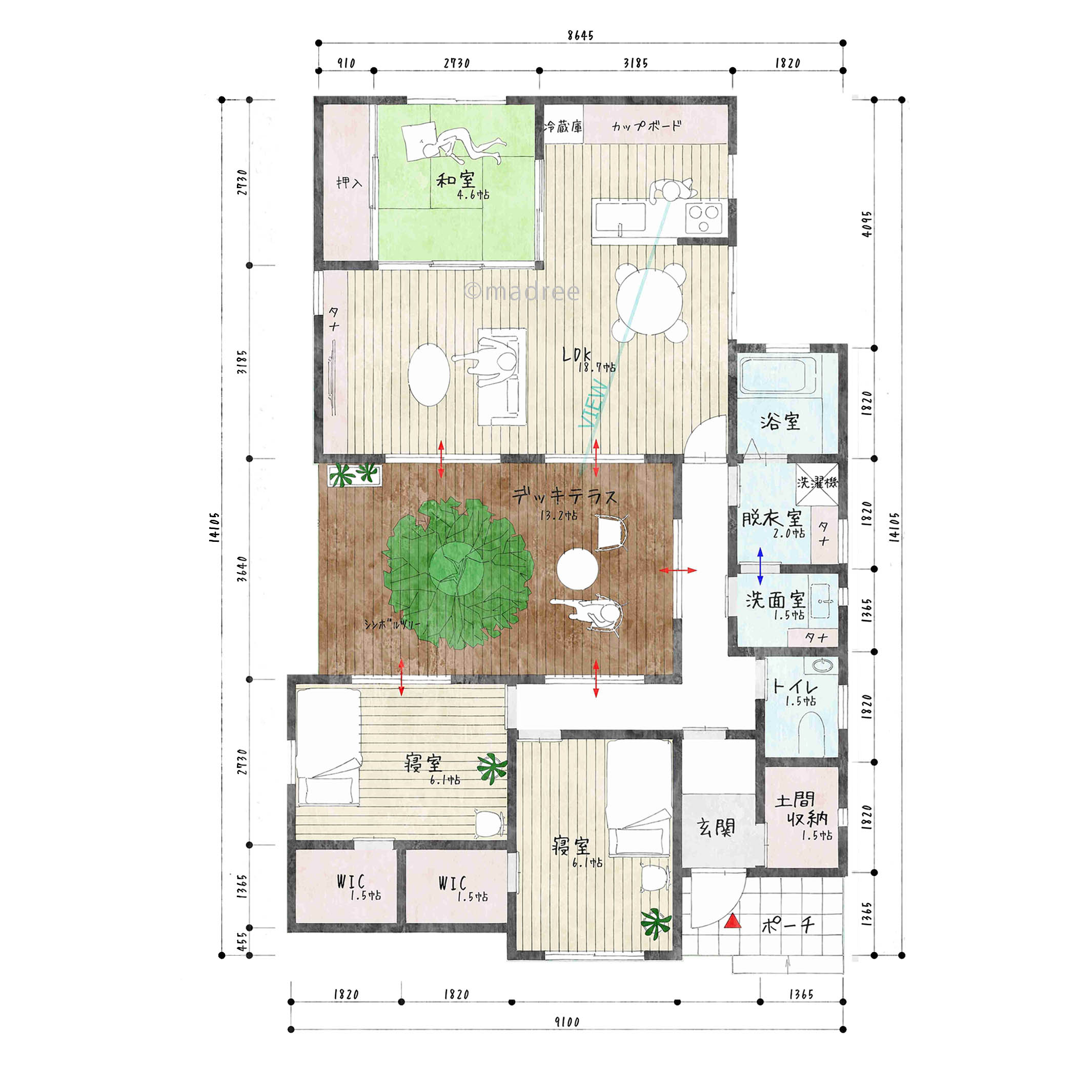シンボルツリーのある中庭から降り注ぐ光と風が家中を心地良くしながら家族を繋げる平屋