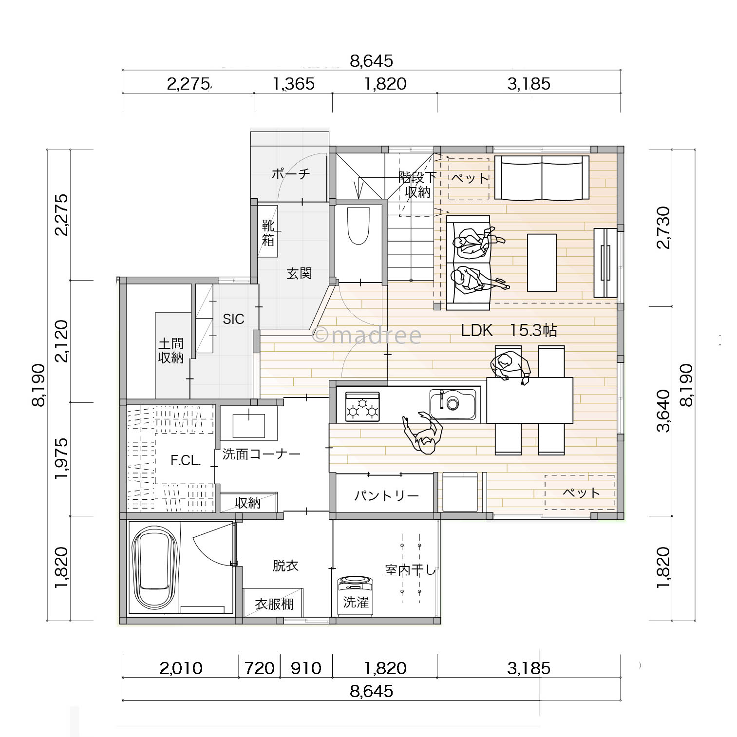 自然光と通風のある快適なLDKで人もペットも心地良く過ごせる家