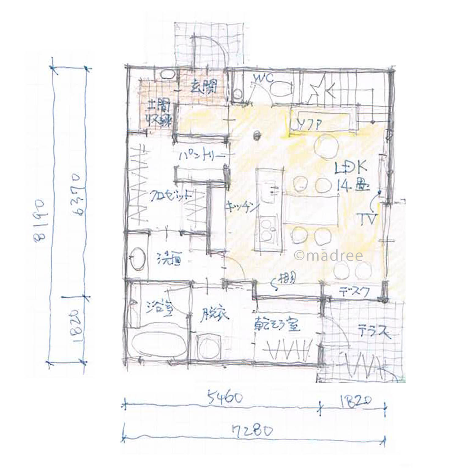 LDKをL字型動線で水回りと収納で囲み生活感を見せずにゆったり過ごせる家