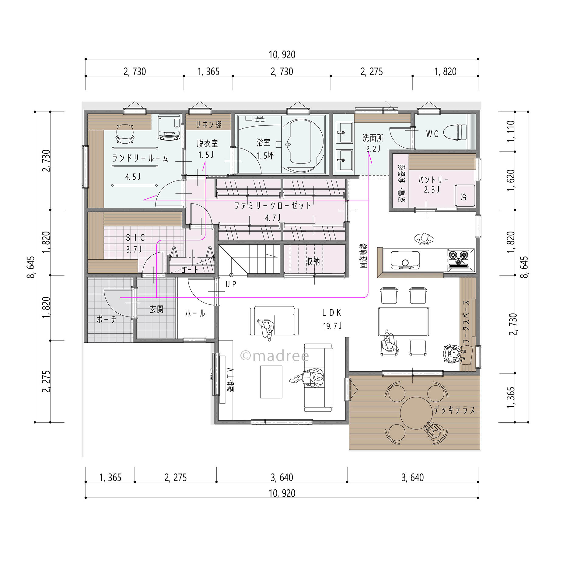廊下の代わりにウォークスルーのファミクロ！収納充実で家中スッキリ間取り以上に広く感じる家