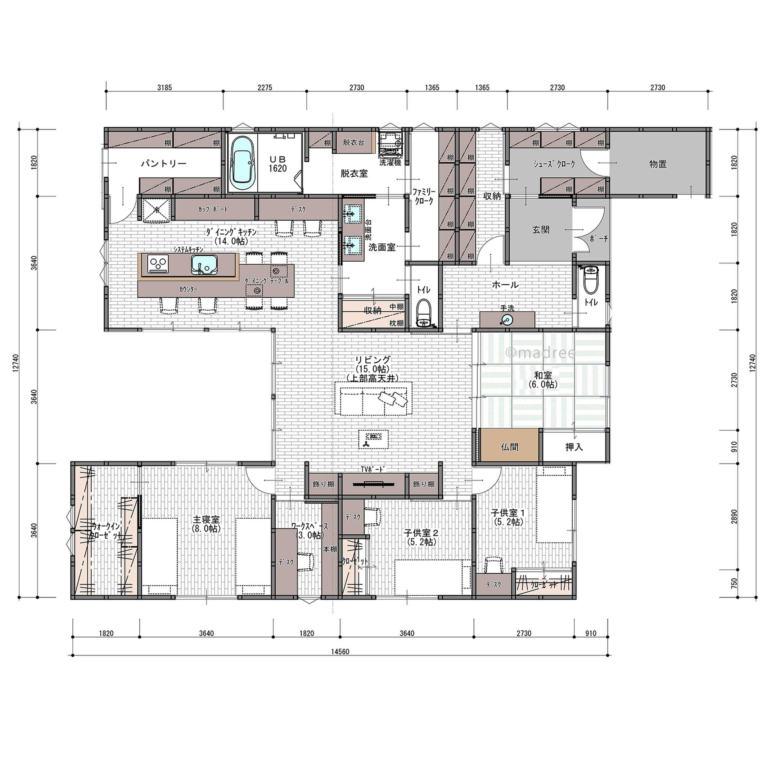 リビング中心で家族が自然と集う！収納充実でスッキリ広々過ごせる心地良い平屋