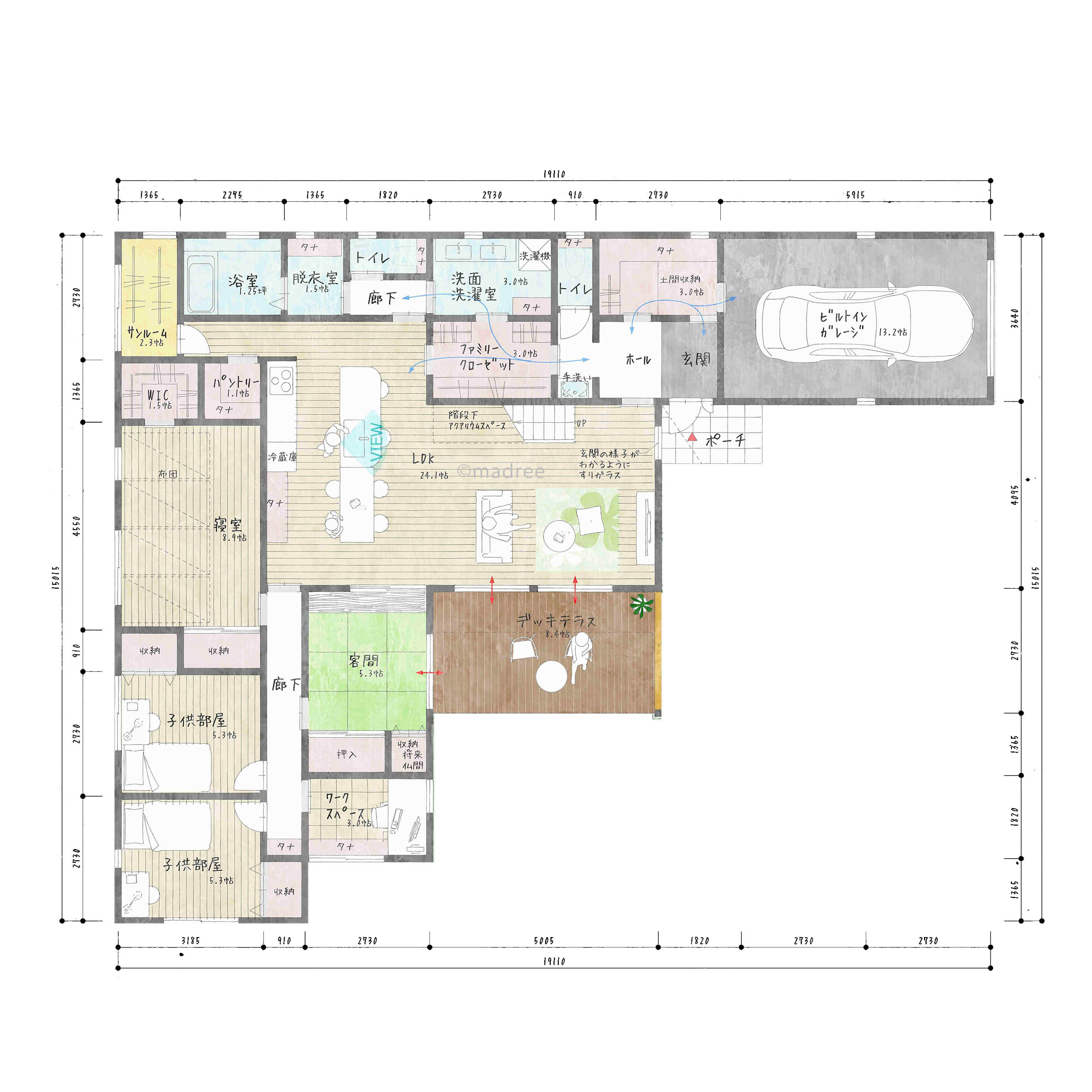 真ん中LDKで家族が繋がる庭とデッキを囲んだL字型平屋の間取り
