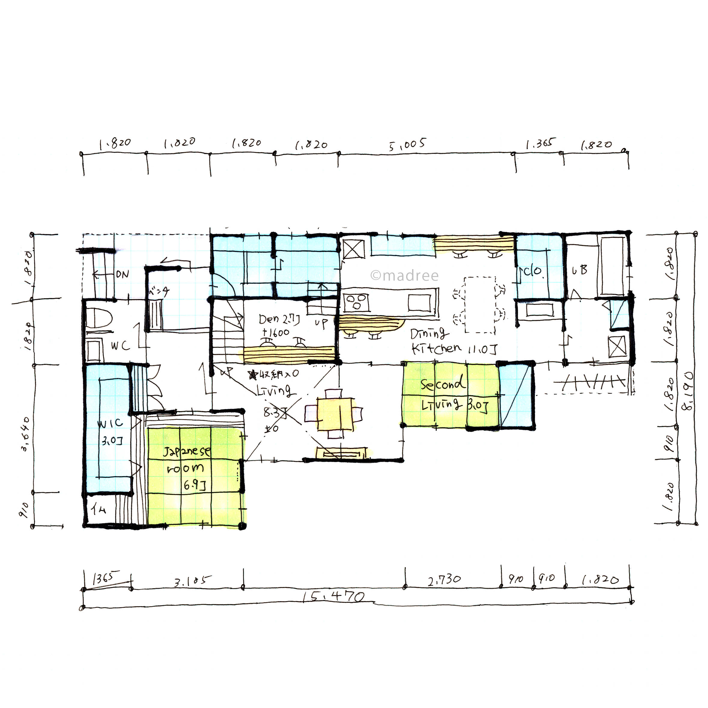 小屋裏収納付きでたっぷりしまえる細長間取りで家族それぞれが過ごしやすい二世帯の家