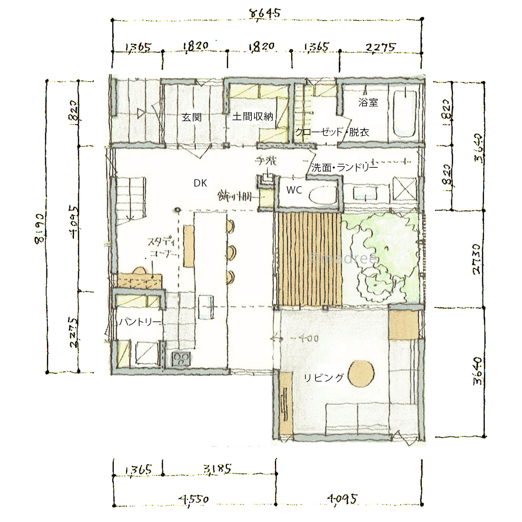 中庭に癒される明るいLDKと暮らしやすいシンプルな家事動線の間取り
