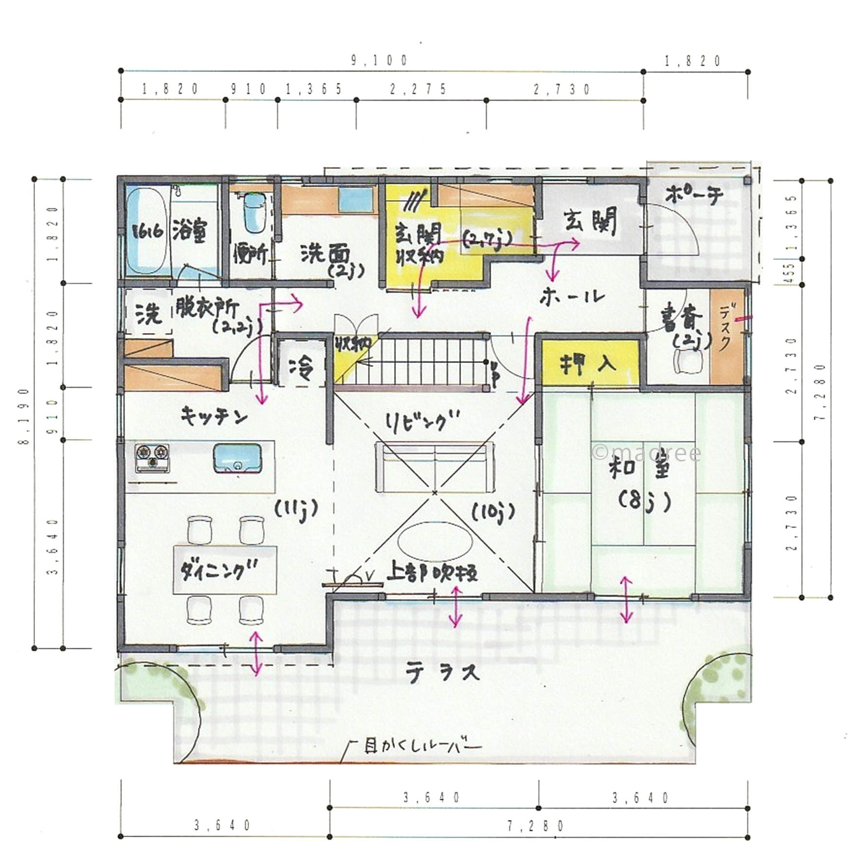 デッキで繋がるLDKと和室の開放感と家事裏動線の空間分けでメリハリある暮らしが叶う間取り
