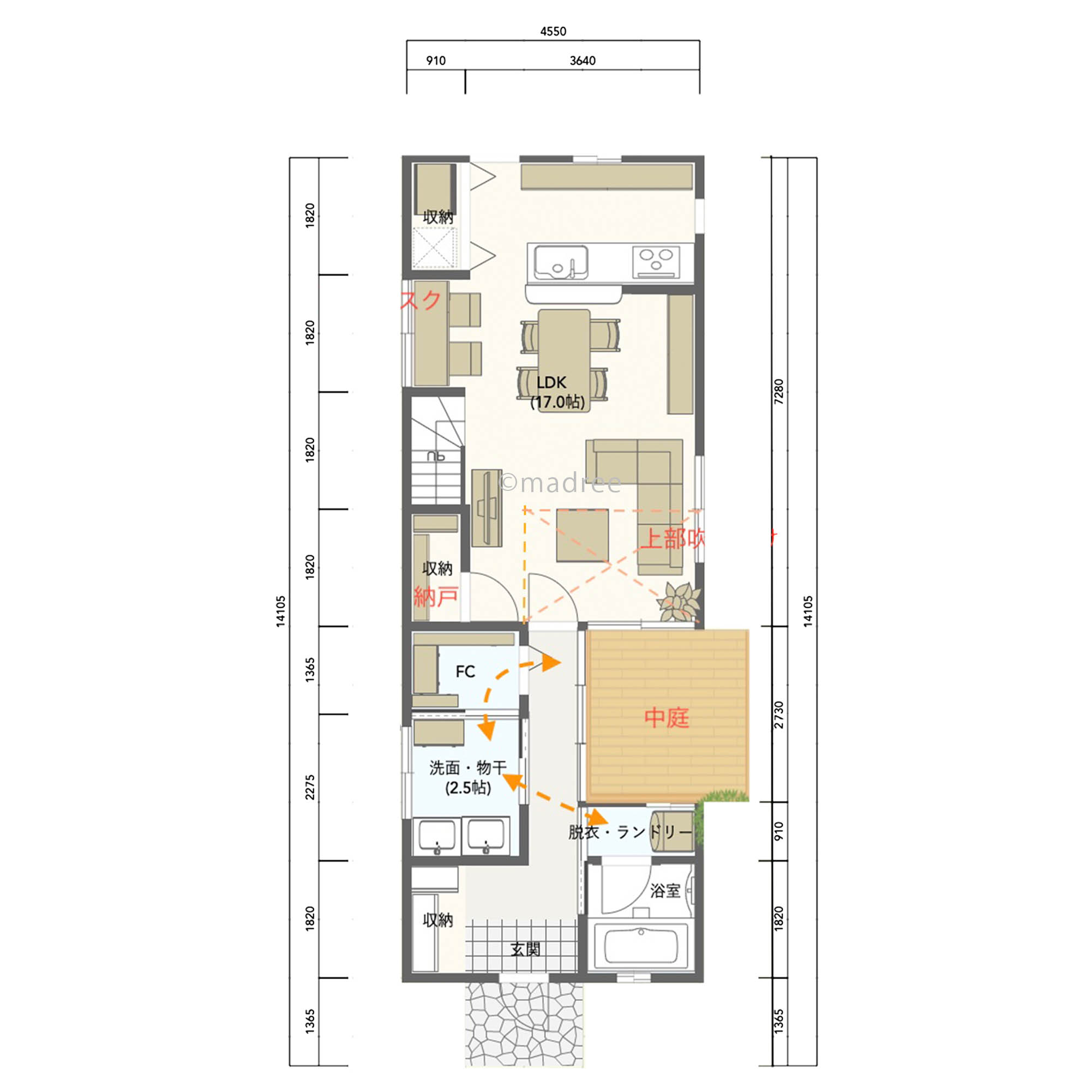 1階で生活完結！中庭と吹き抜けから光が差し込む縦長の間取り