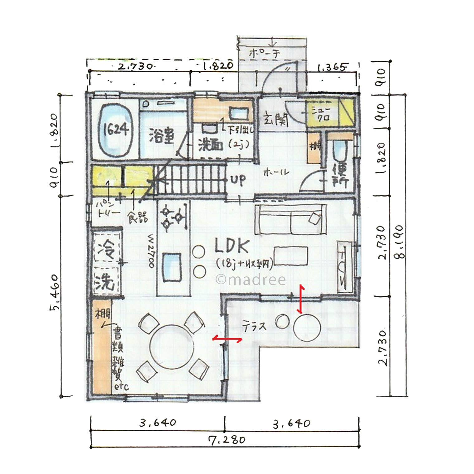 庭をL字に囲ったLDKとテラスで庭と繋がれるシンプル家事動線の間取り